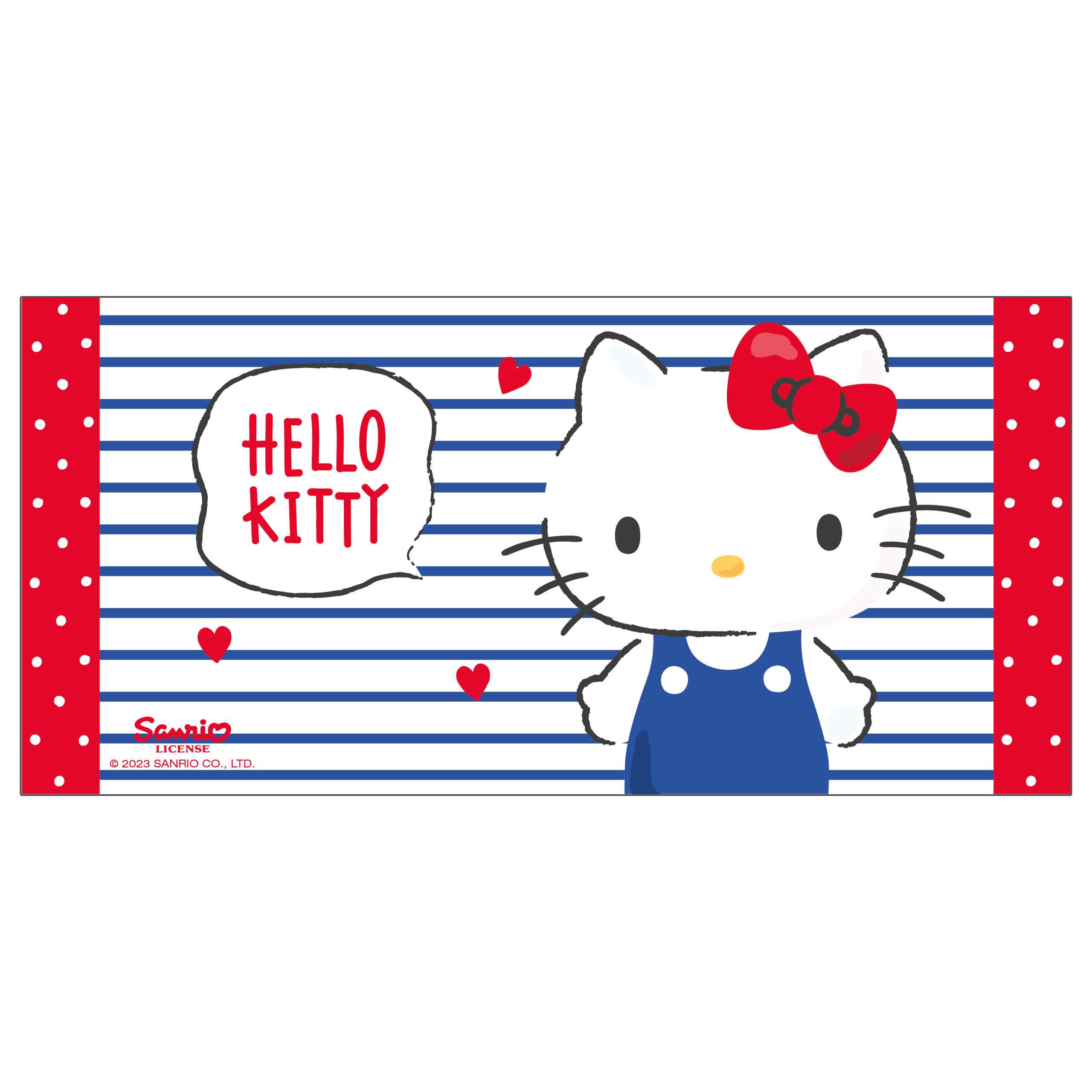 Hello Kitty Handtuch mit roten Punkten und Streifen. Hintergrund ist weiß und blau.