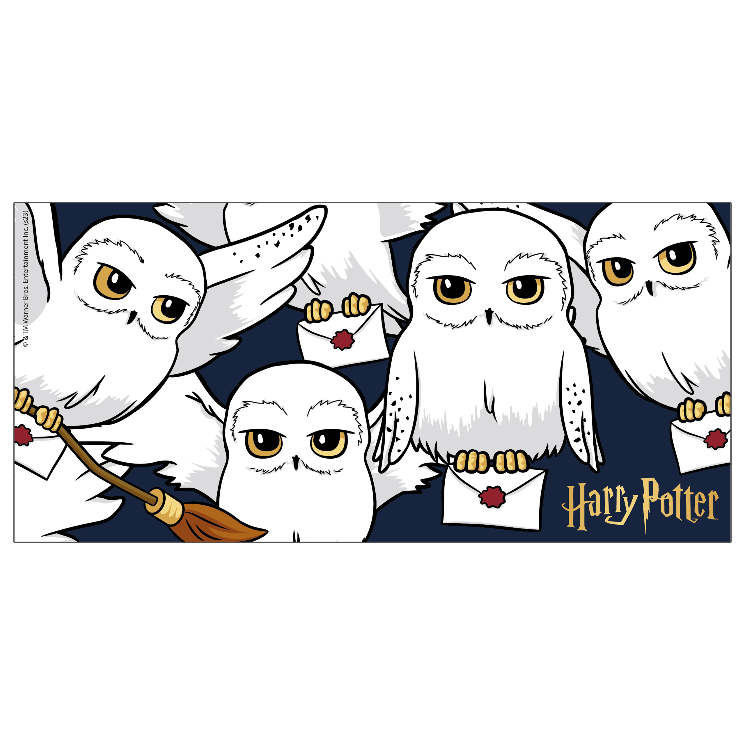 Ein Harry-Potter-Banner mit Eulen, die Briefe halten. Die Worte 'Harry Potter' sind sichtbar.