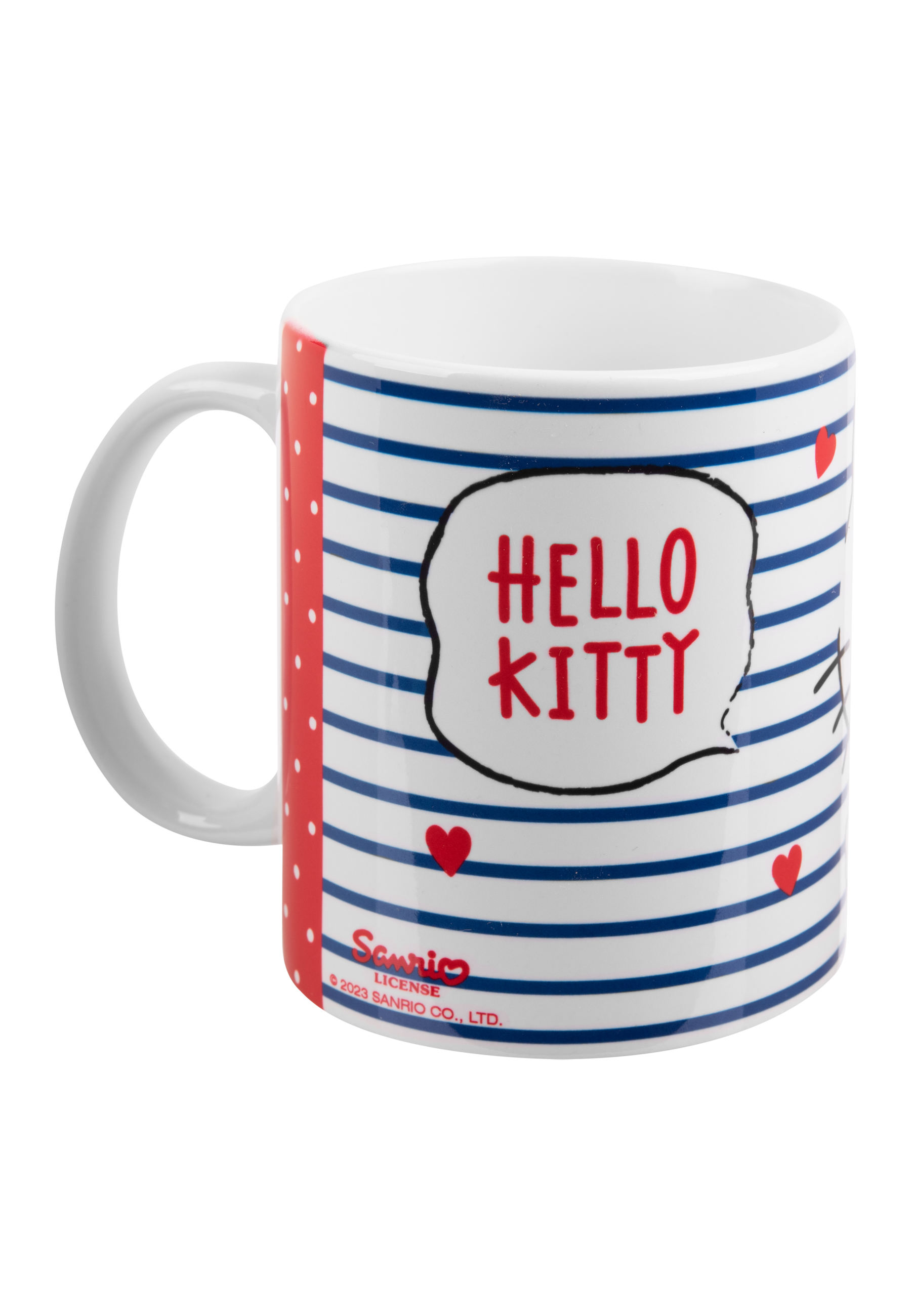 Weiße Tasse mit blauen Streifen, roten Punkten, Hello Kitty Sprechblase und Herzen.