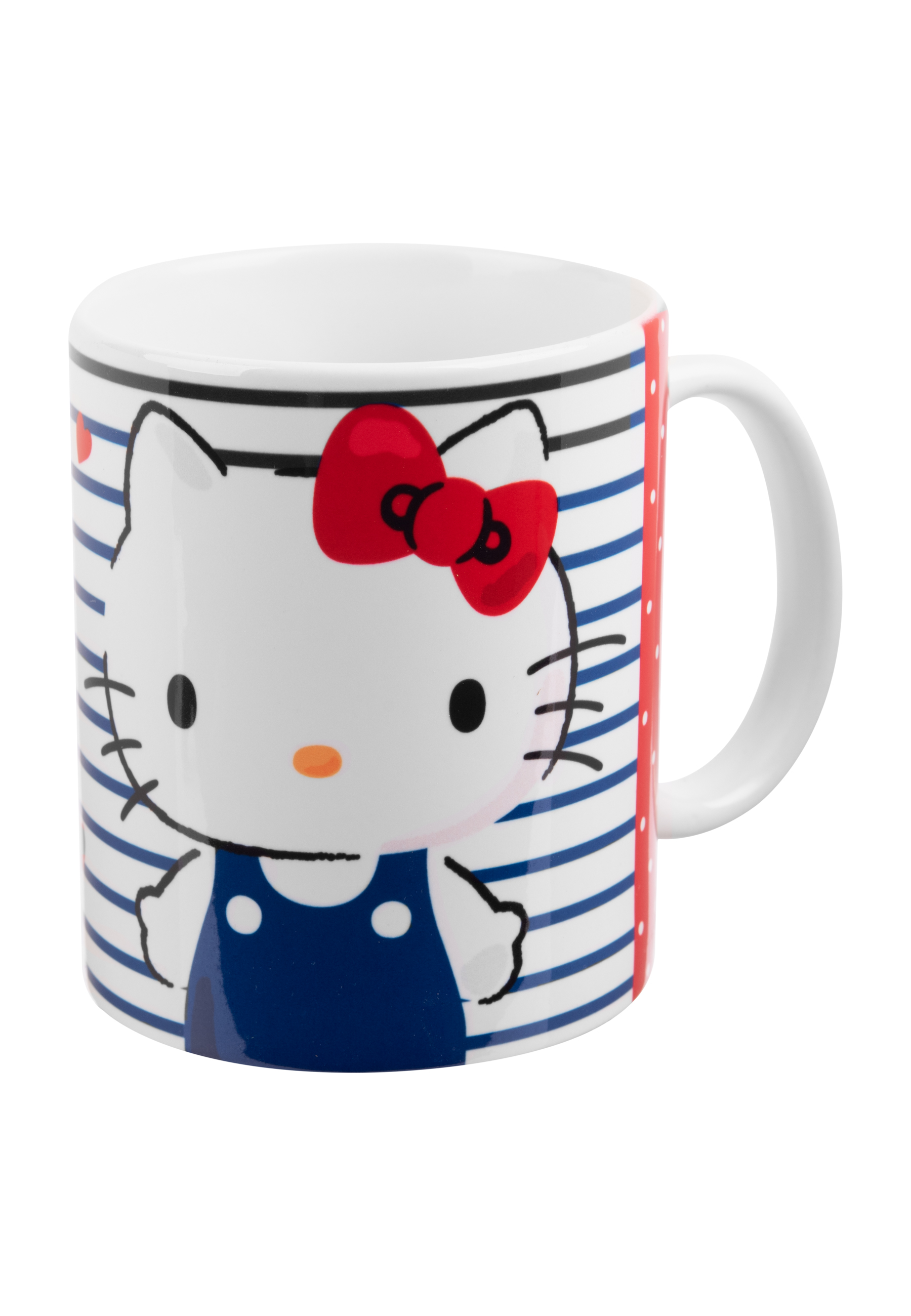 Hello Kitty Becher. Weißer Becher mit Hello Kitty und roter Schleife.