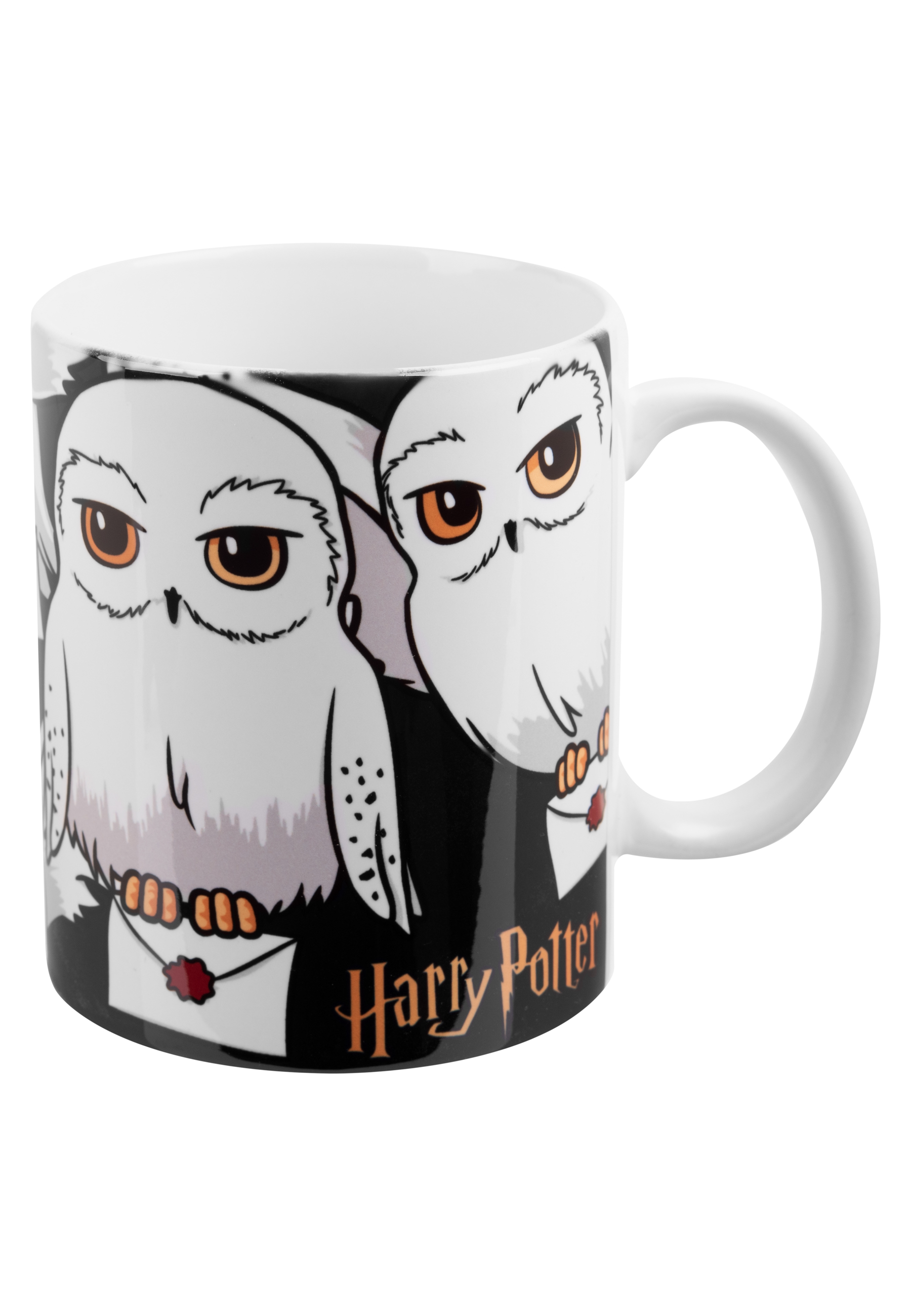 Tasse mit zwei Eulen-Illustrationen und dem Schriftzug "Harry Potter" auf schwarzem Hintergrund.