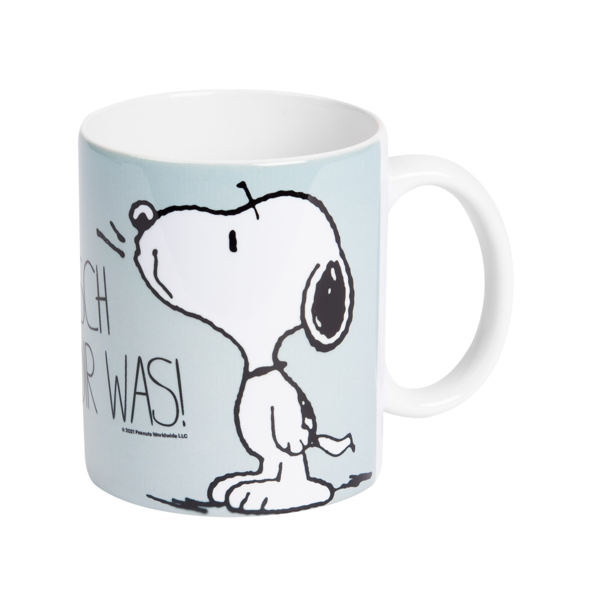 Tasse mit Snoopy-Bild und Text. Weißer Henkel.