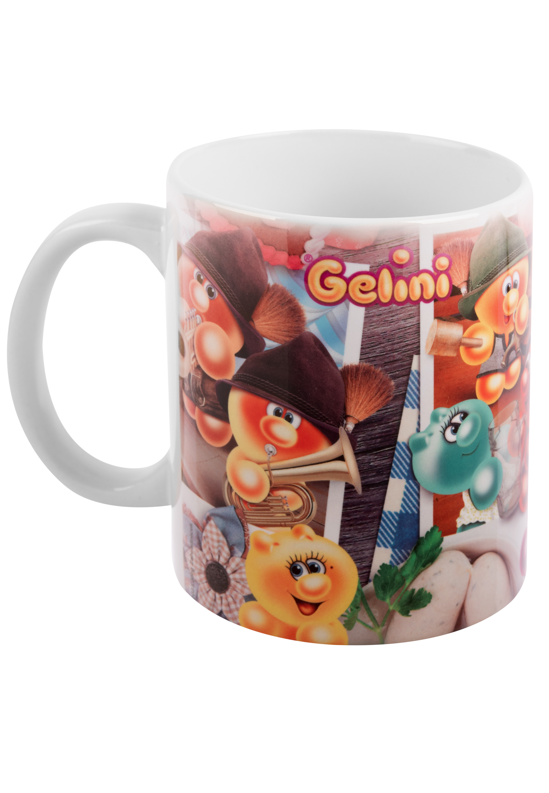 Weißer Becher mit Zeichentrickfiguren und dem Wort 'Gelini'.