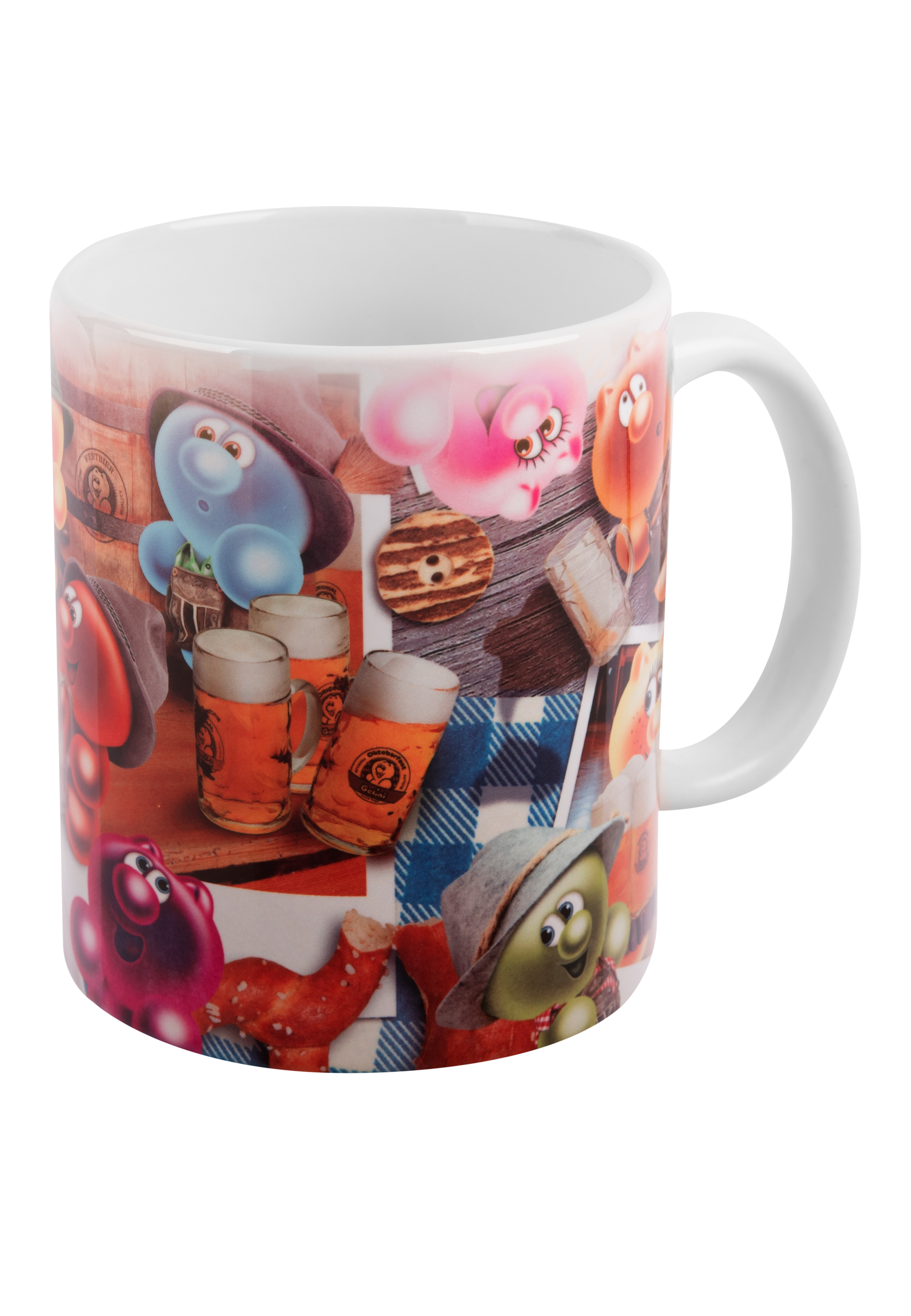 Ein Becher mit Cartoonfiguren und Bierbildern.
