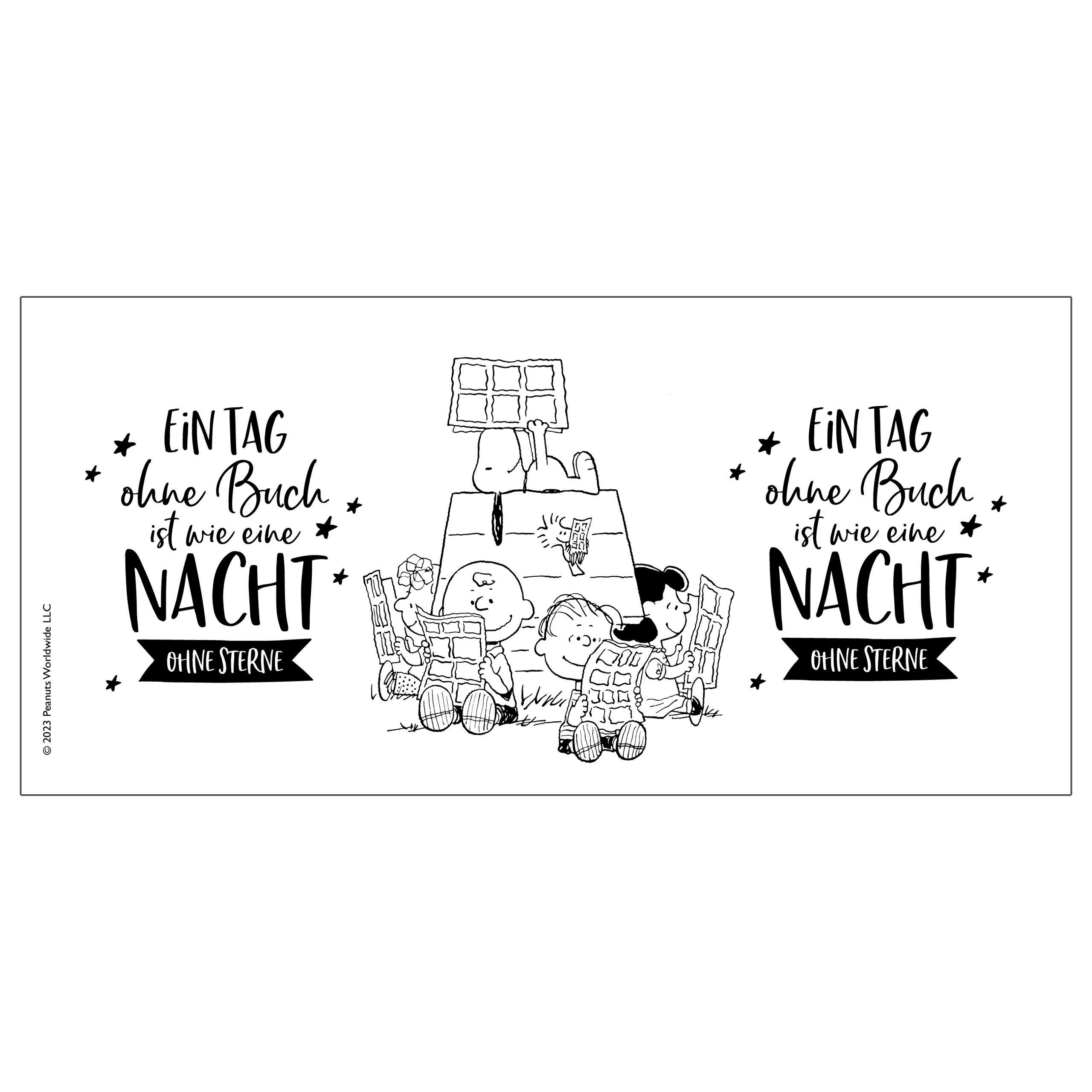 Ein Schwarz-Weiß-Bild von Snoopy auf seinem Hundehütte mit Text über Bücher und Nacht.