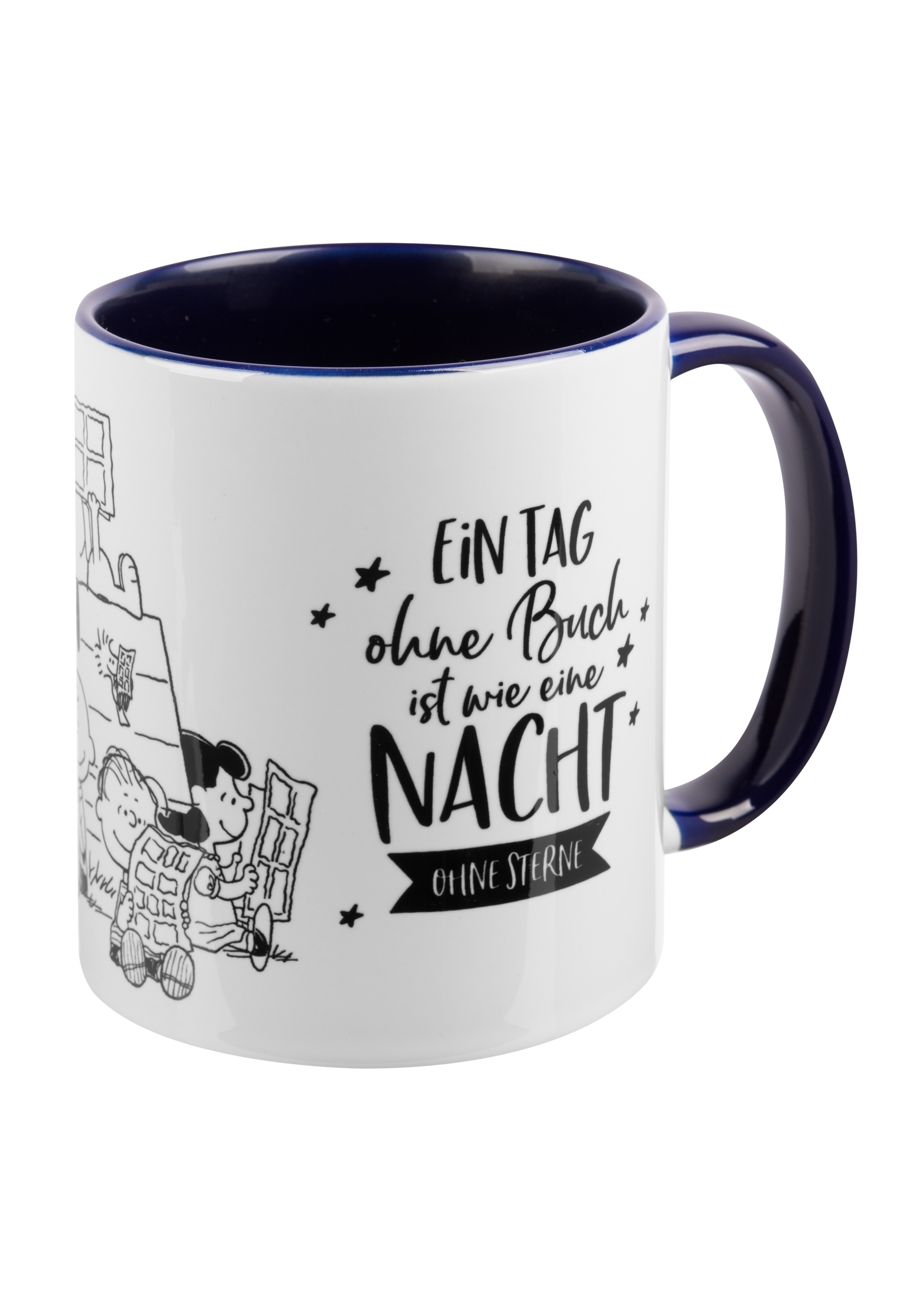 Tasse mit Snoopy-Illustration und Text: 'Ein Tag ohne Buch ist wie eine Nacht ohne Sterne'.