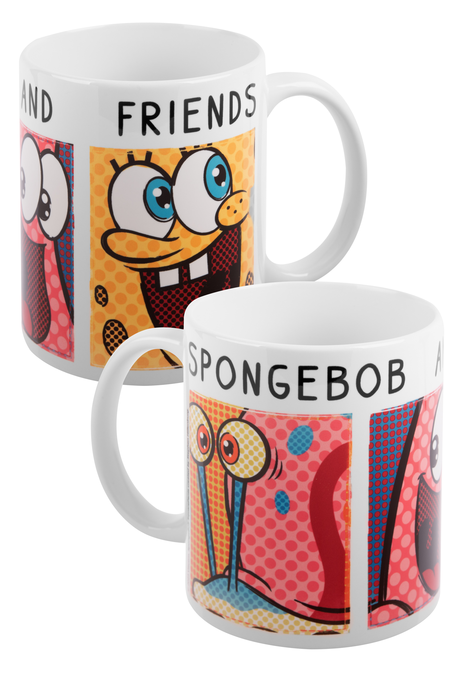 Zwei Tassen, eine mit SpongeBob und Patrick, die andere mit einem SpongeBob-Charakter.