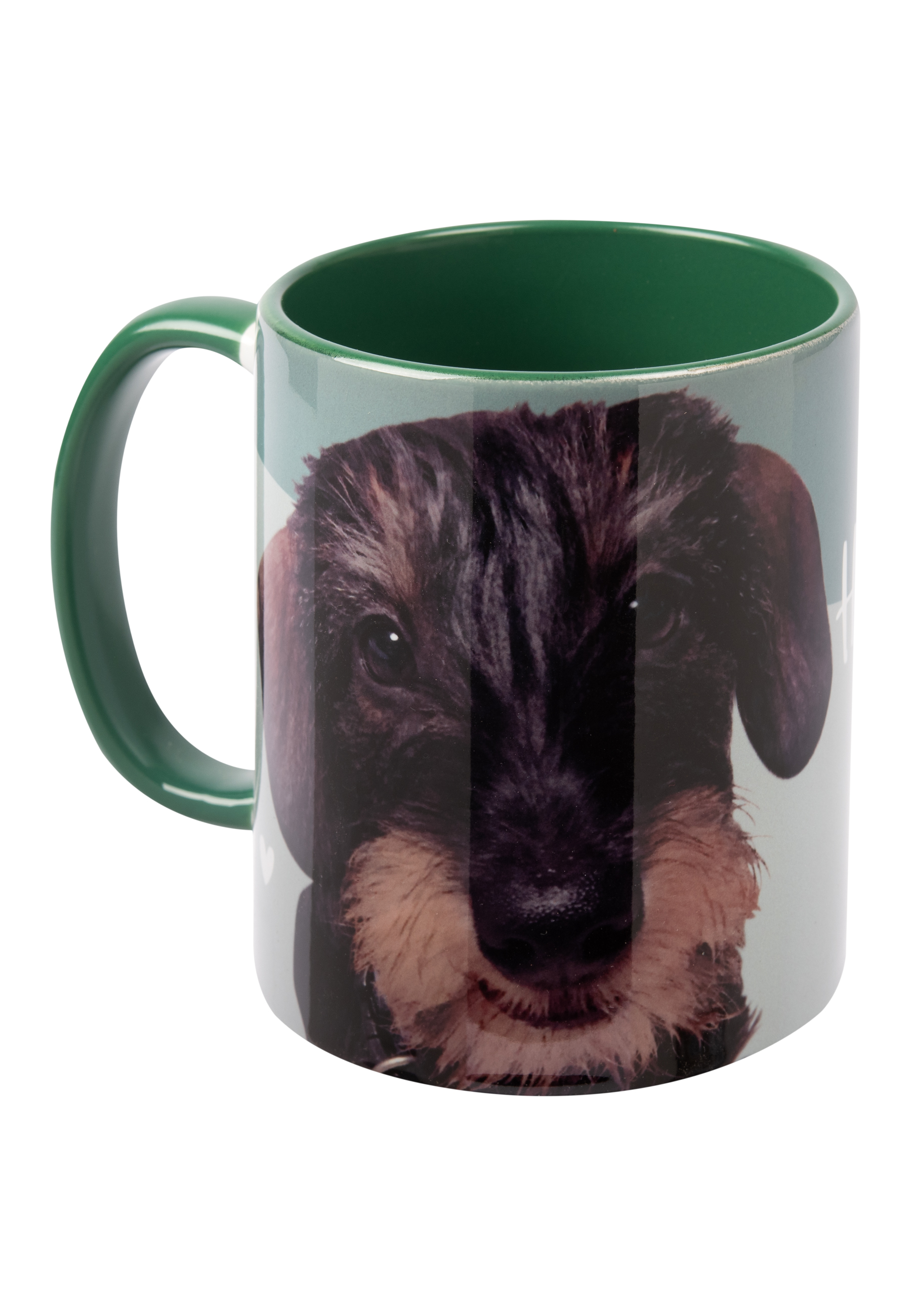Eine grüne Tasse mit einem Hundeporträt. Der Hund hat braunes Fell und ein Halsband.