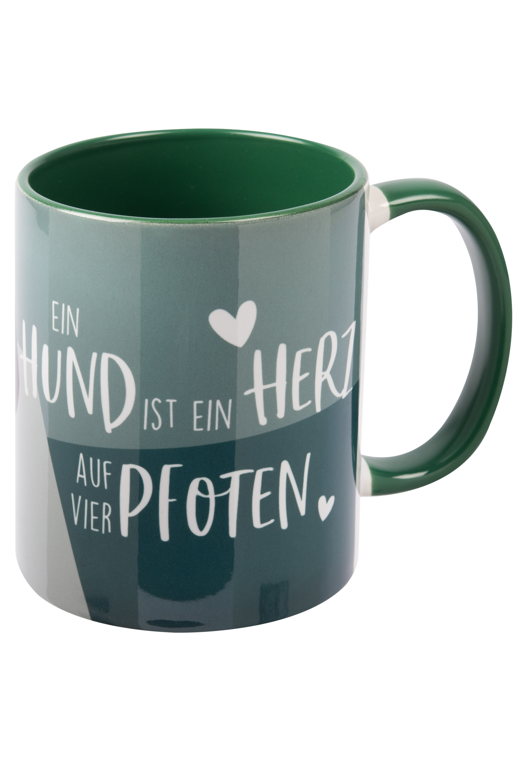 Eine grüne Tasse mit Text: Ein Hund ist ein Herz auf vier Pfoten.