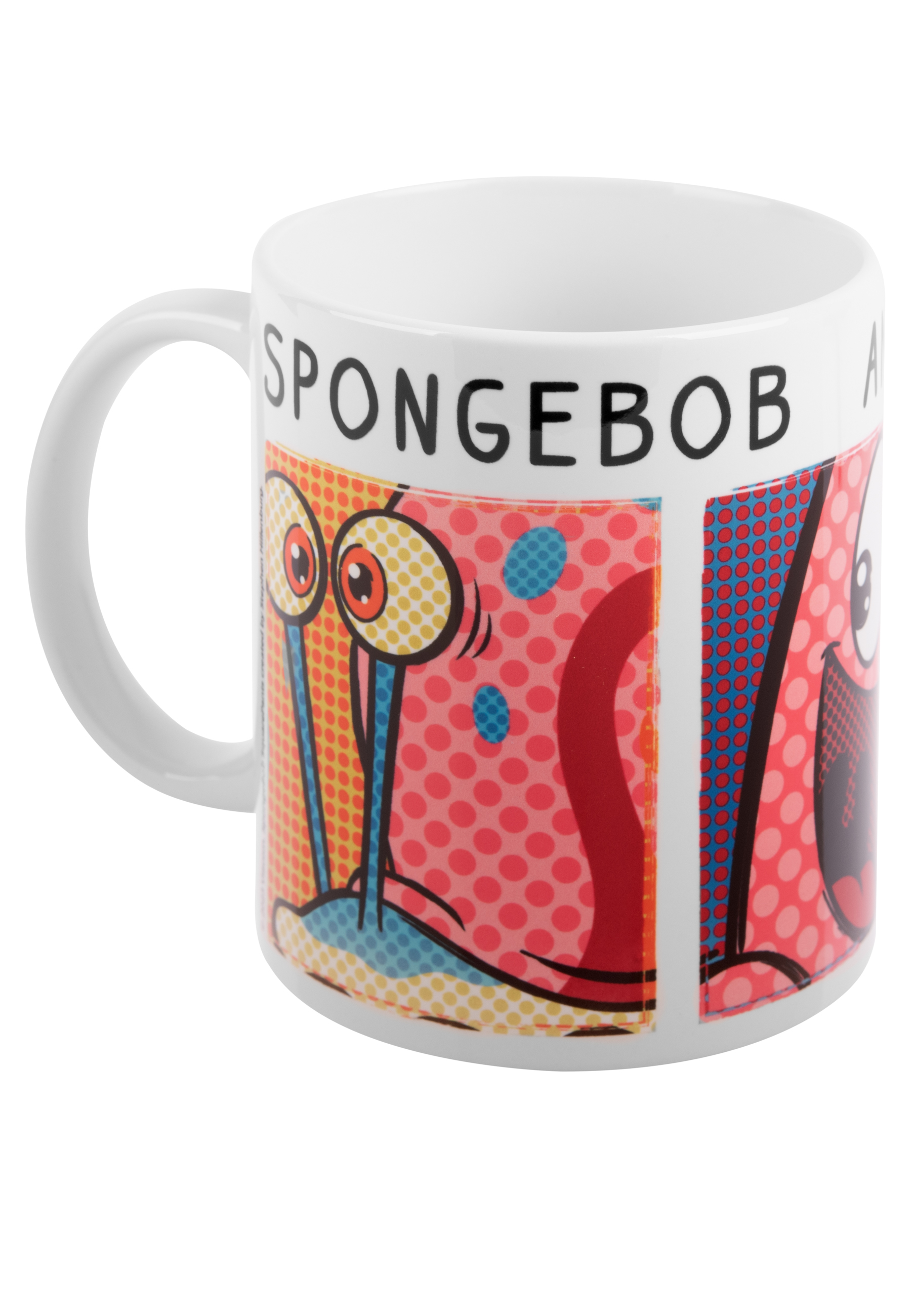 Weißer Becher mit einem Comicstrip von Spongebob und Patrick. Der Becher steht auf weißem Hintergrund.