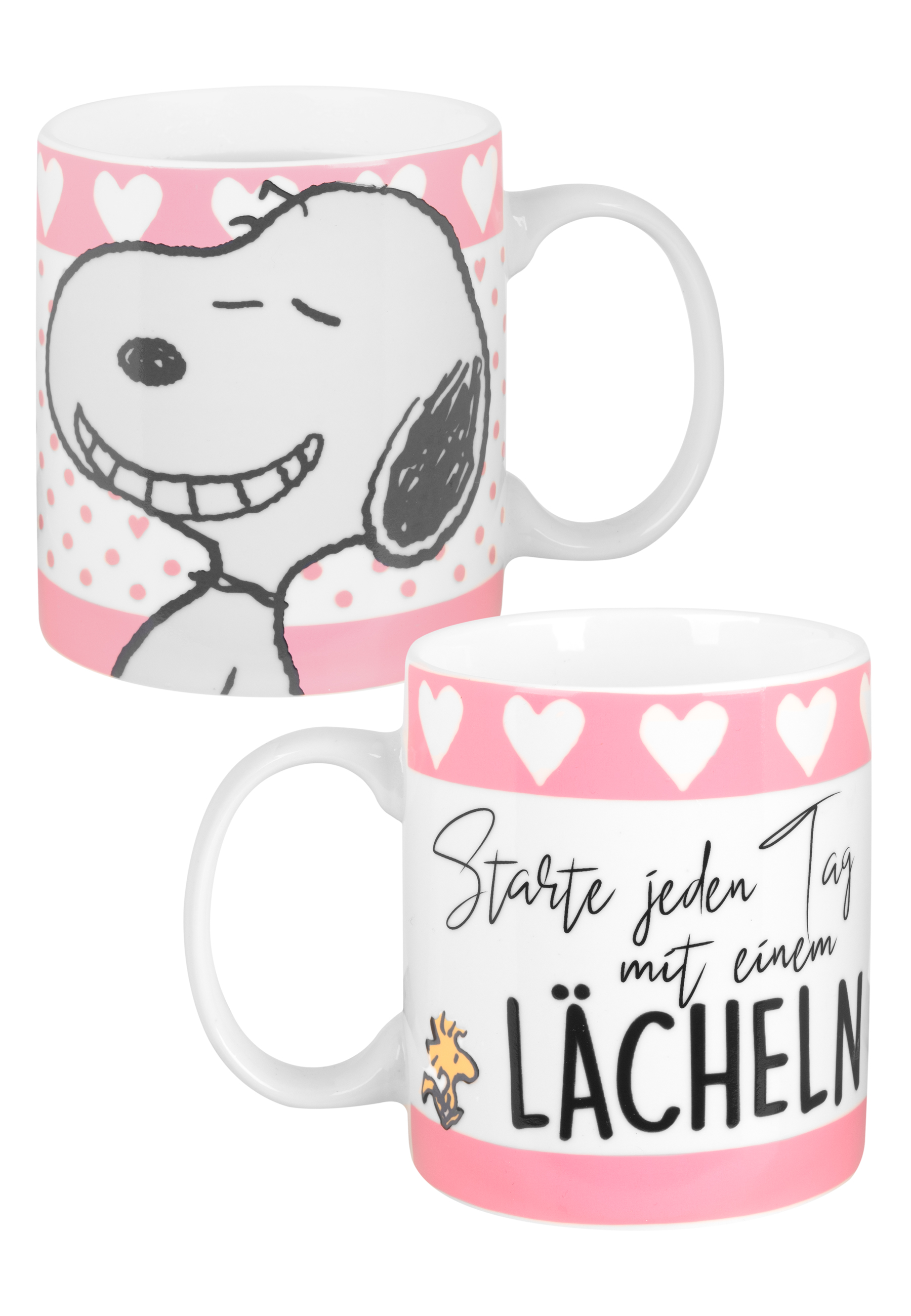Zwei weiße Tassen mit Snoopy und Herzen, mit deutschem Text.