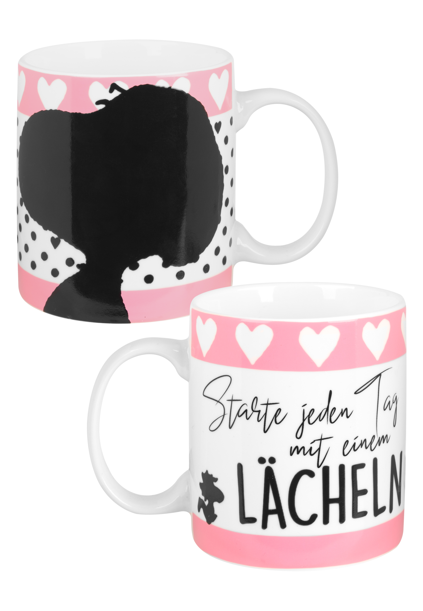 Zwei Tassen: schwarze Afro-Silhouette und 'Starte jeden Tag mit einem Lächeln' mit Herzen.