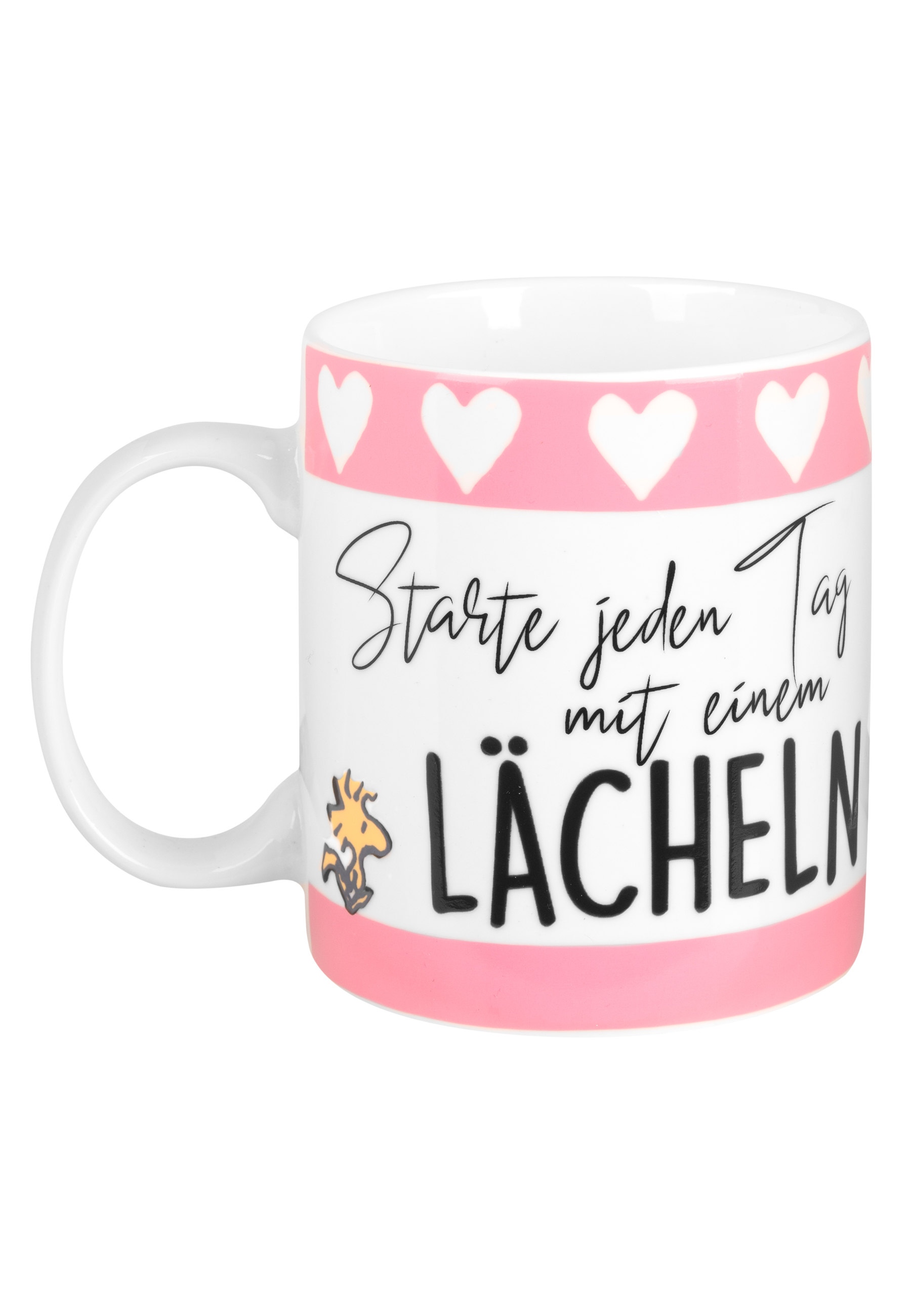 Weiße Tasse mit rosa Herzen und deutschem Text 'Starte jeden Tag mit einem Lächeln'.