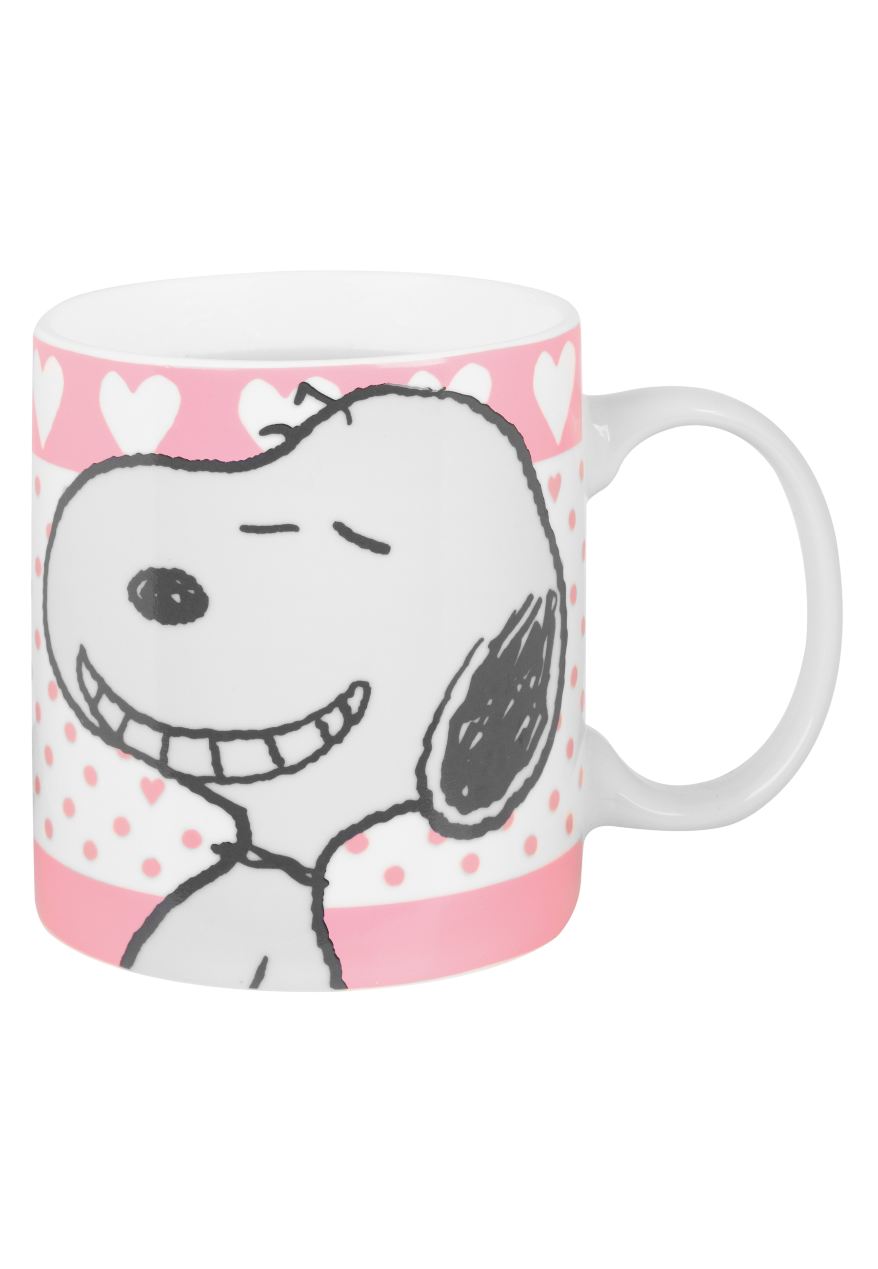 Weiße Tasse mit Snoopy, der lächelt, rosa Herzen und Punkten.