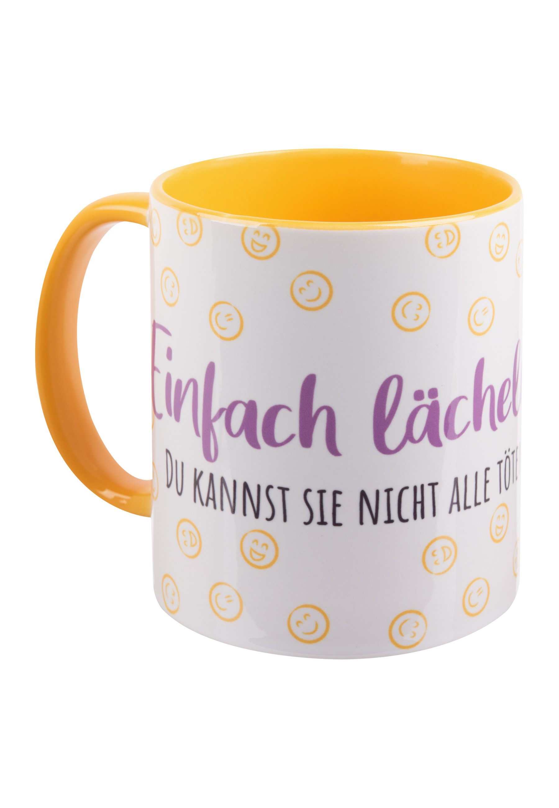 Weiße Tasse mit gelbem Griff und Innenraum, bedruckt mit Smiley-Gesichtern und deutschem Text.