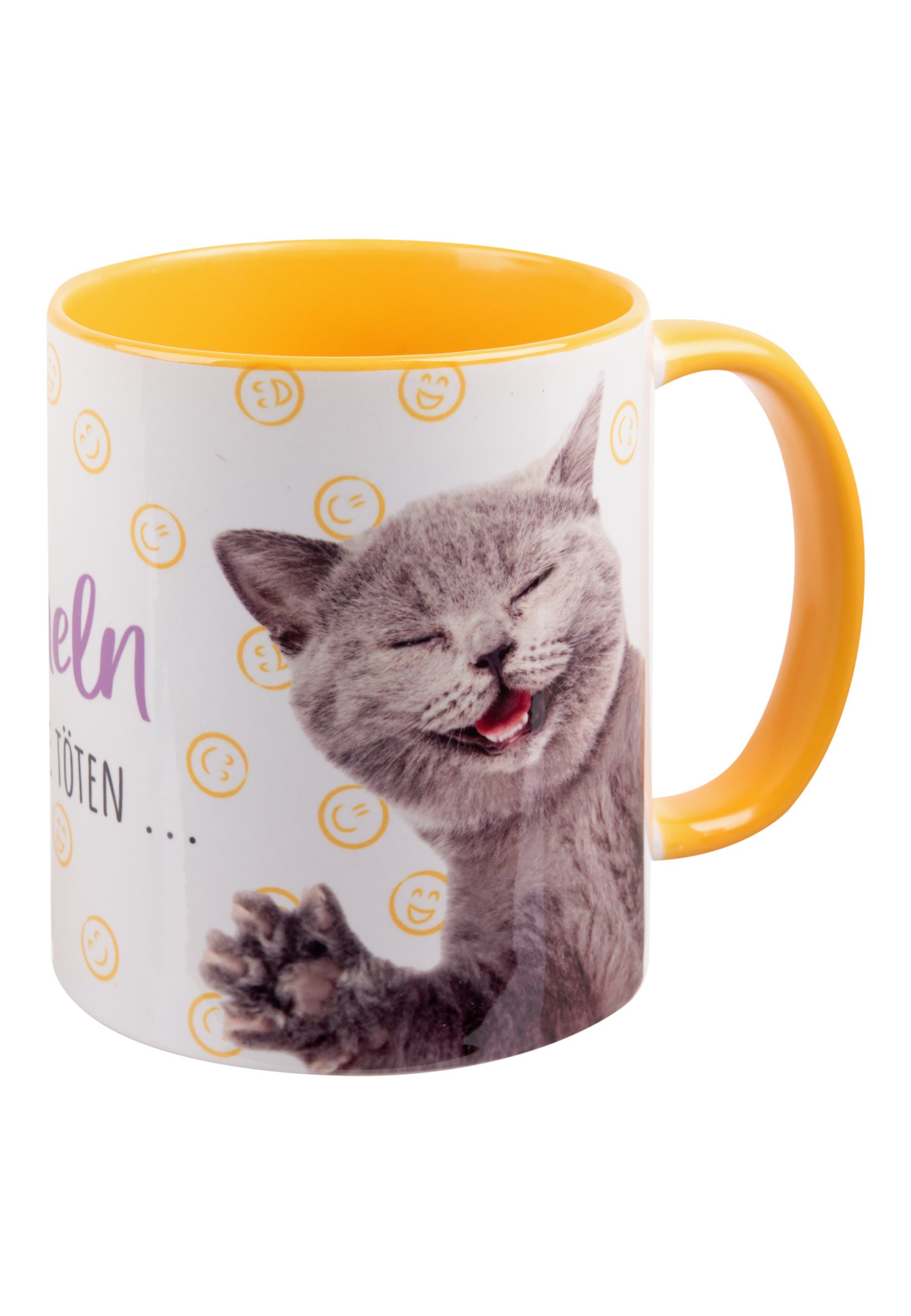 Eine weiße Tasse mit einer Cartoon-Katze, die lächelt, und einem gelben Henkel. Emoticons und Text umgeben die Katze.