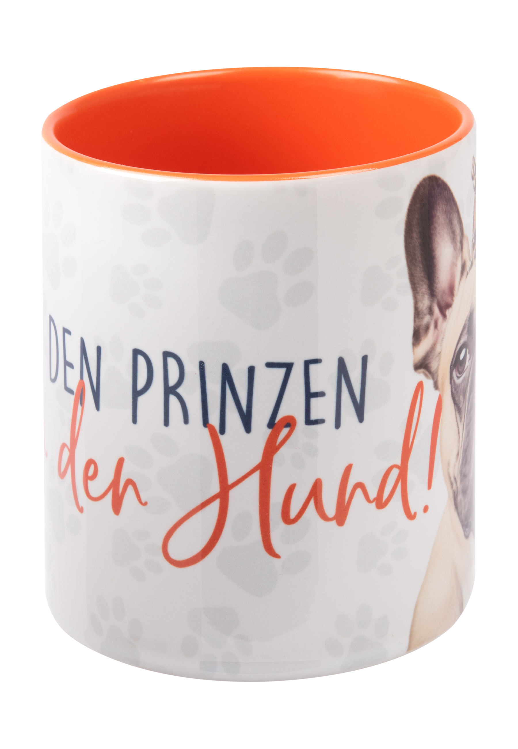 Tasse mit Hundeillustration und Text "den Prinzen den Hund!" auf weißem Hintergrund.