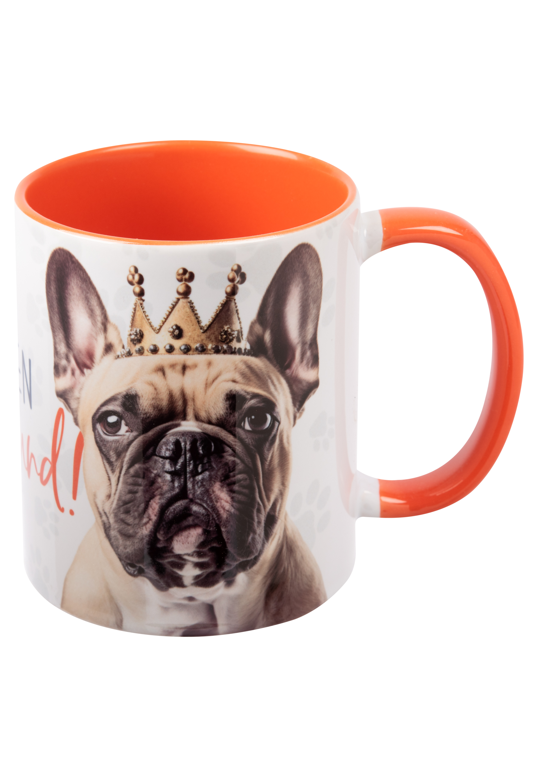 Becher mit einem Bulldoggen mit Krone, mit dem Wort 'Queen' an der Seite.
