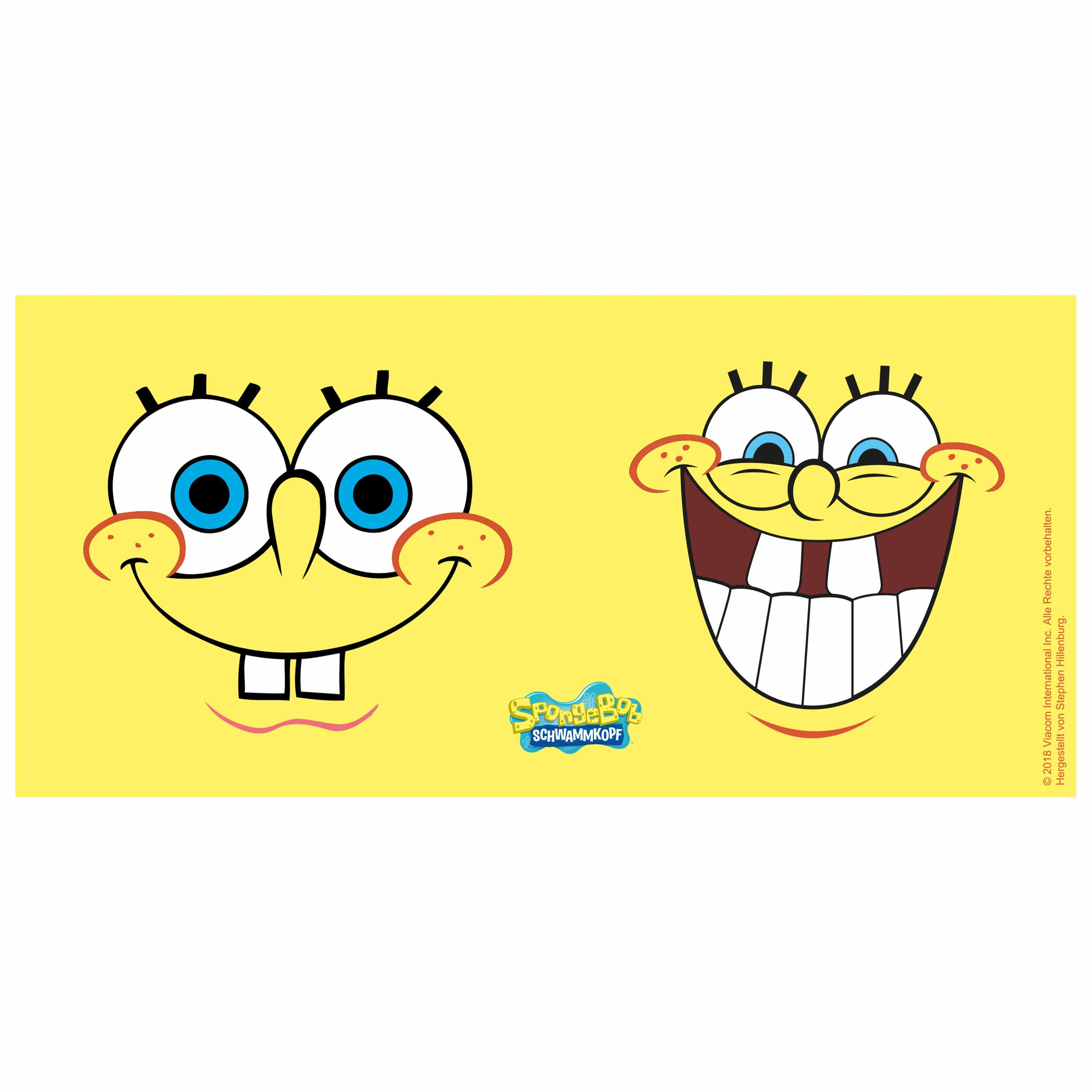 SpongeBobs Gesicht auf Gelb. Ein geschlossener Mund, einer lacht. Beide Gesichter haben blaue Augen und rosige Wangen.