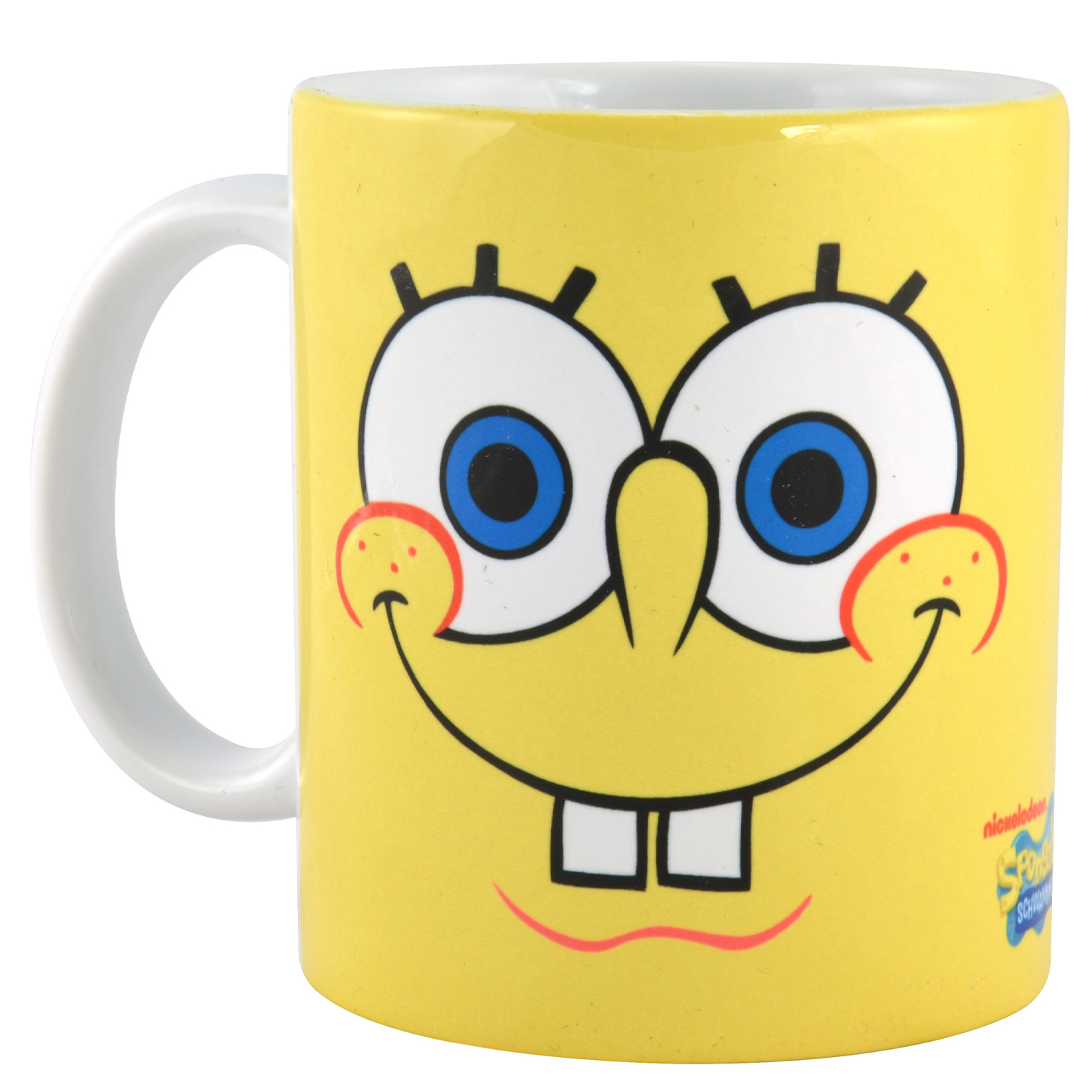 Gelbe Tasse mit SpongeBob Schwammkopf Gesicht. Weißer Griff. Cartoon-Figur.
