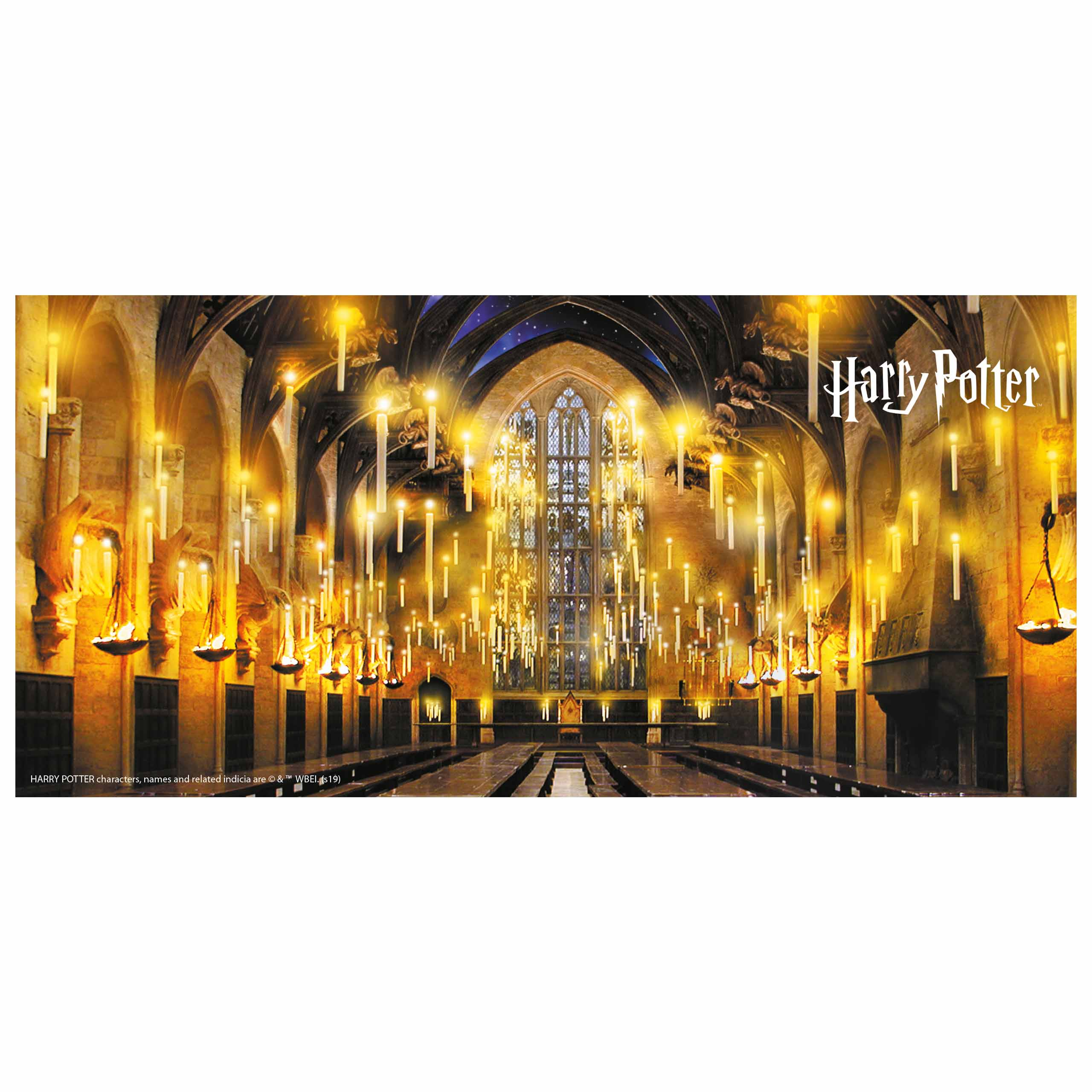 Ein Harry Potter Banner zeigt die Szene der Großen Halle, gefüllt mit Kerzen und Tischen.
