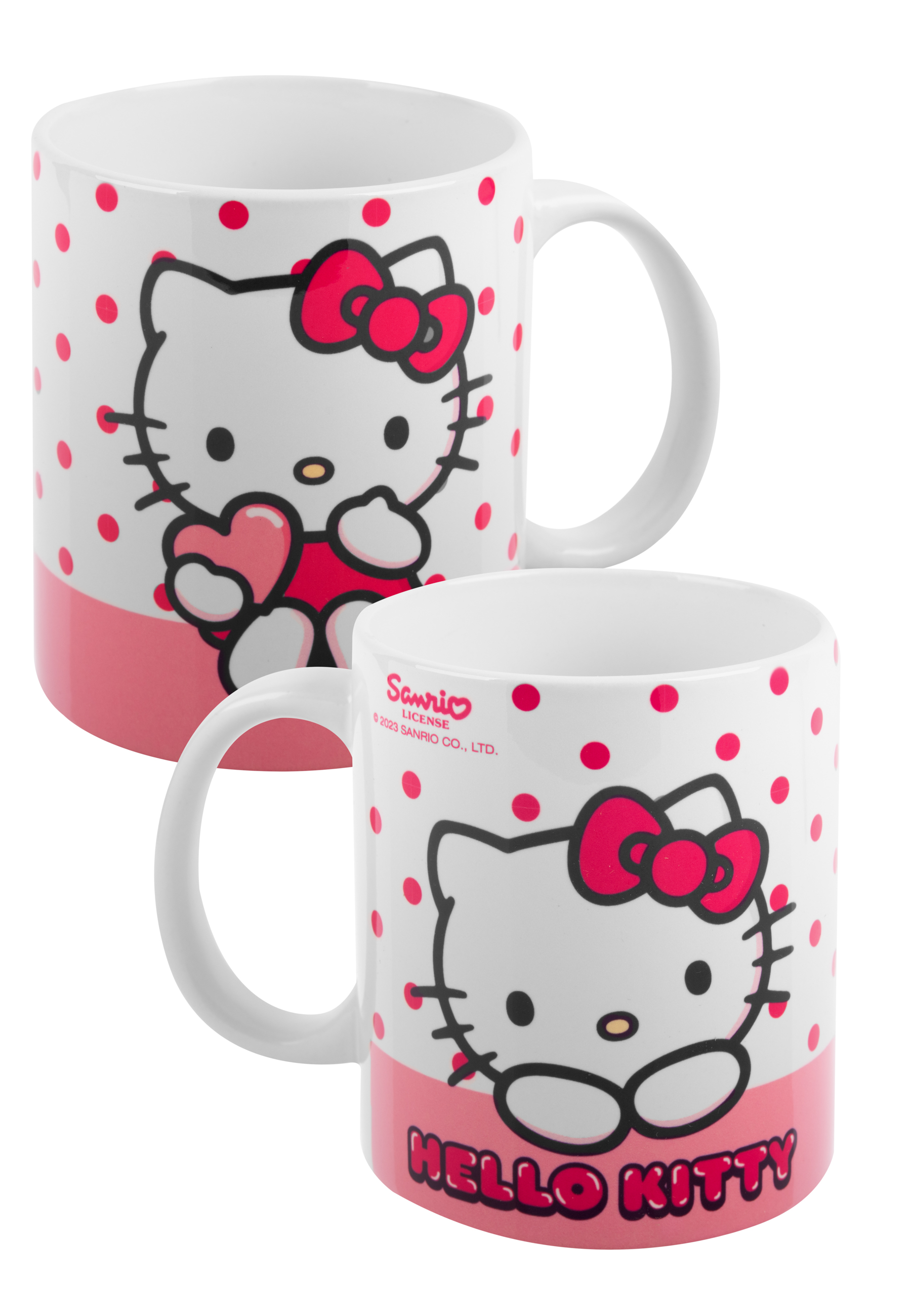 Zwei Hello Kitty-Tassen mit pinkem Polka-Dot-Design.