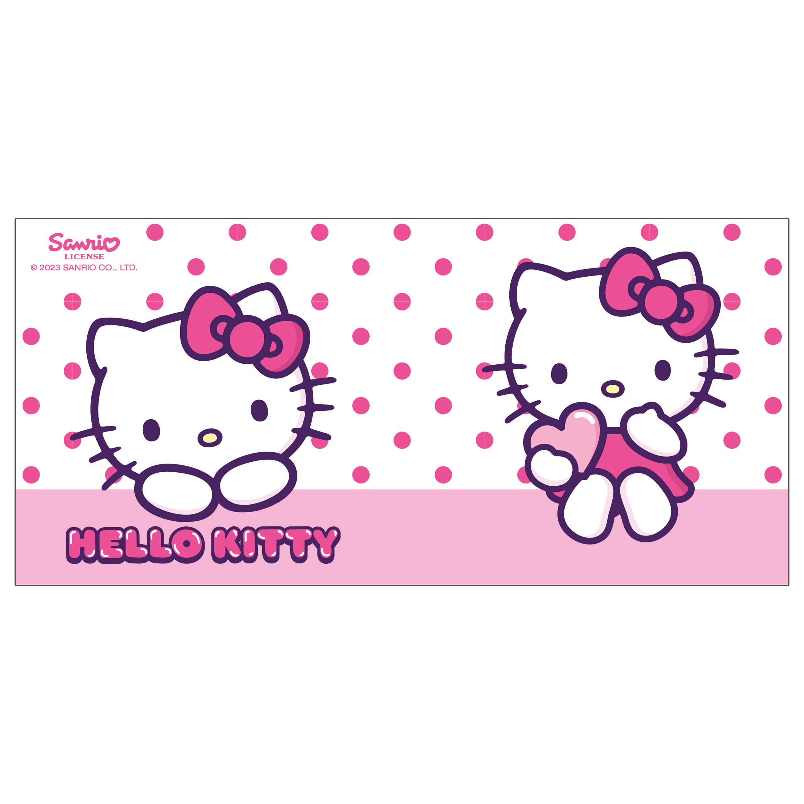 Hello Kitty Bild. Zwei Hello Kitty Figuren auf rosa Pünktchen-Hintergrund.