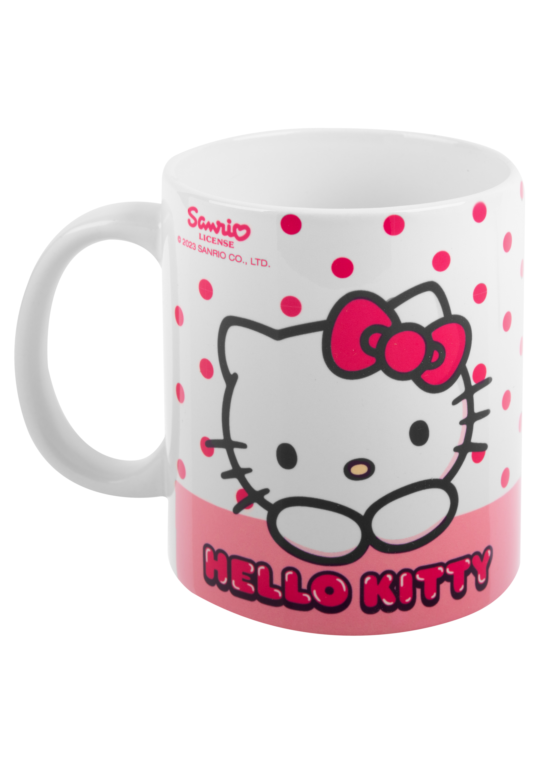 Weiße Tasse mit Hello Kitty Gesicht, rosa Punkten und Boden, und dem Wort 'HELLO KITTY'.