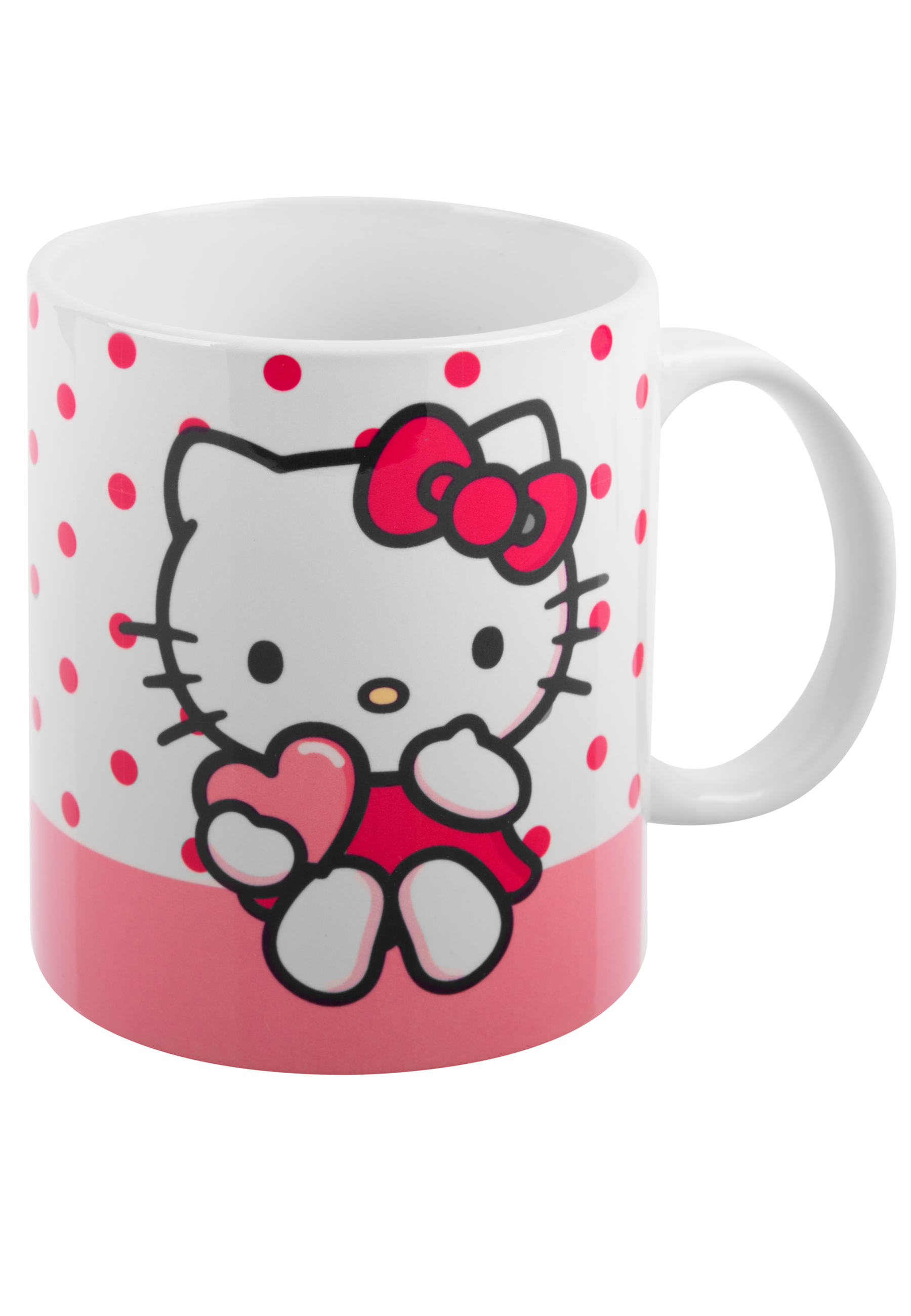 Hello Kitty Tasse mit rosa Schleife und Tupfen.