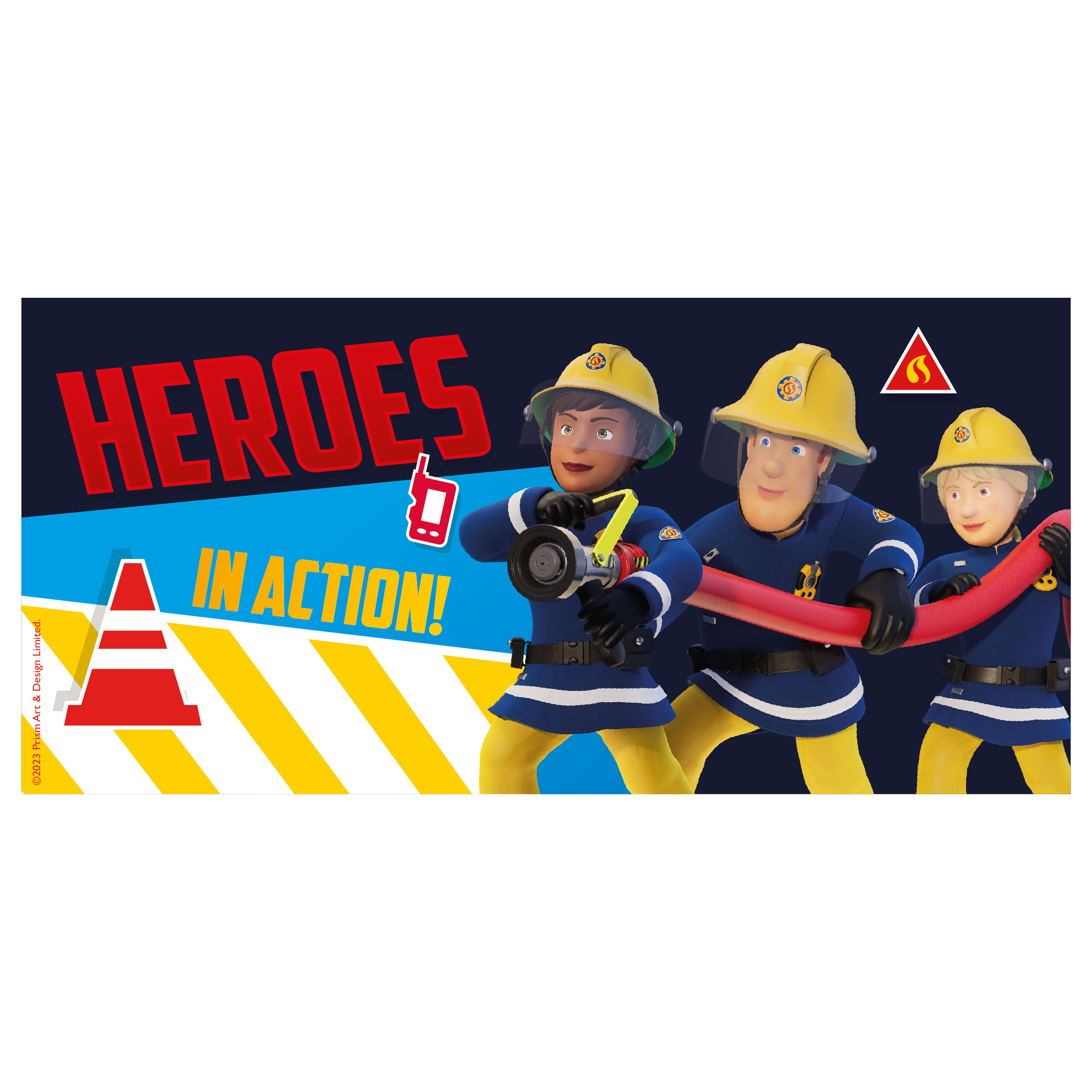 Ein Banner mit dem Text: Helden in Aktion! und drei Comic-Feuerwehrleuten.