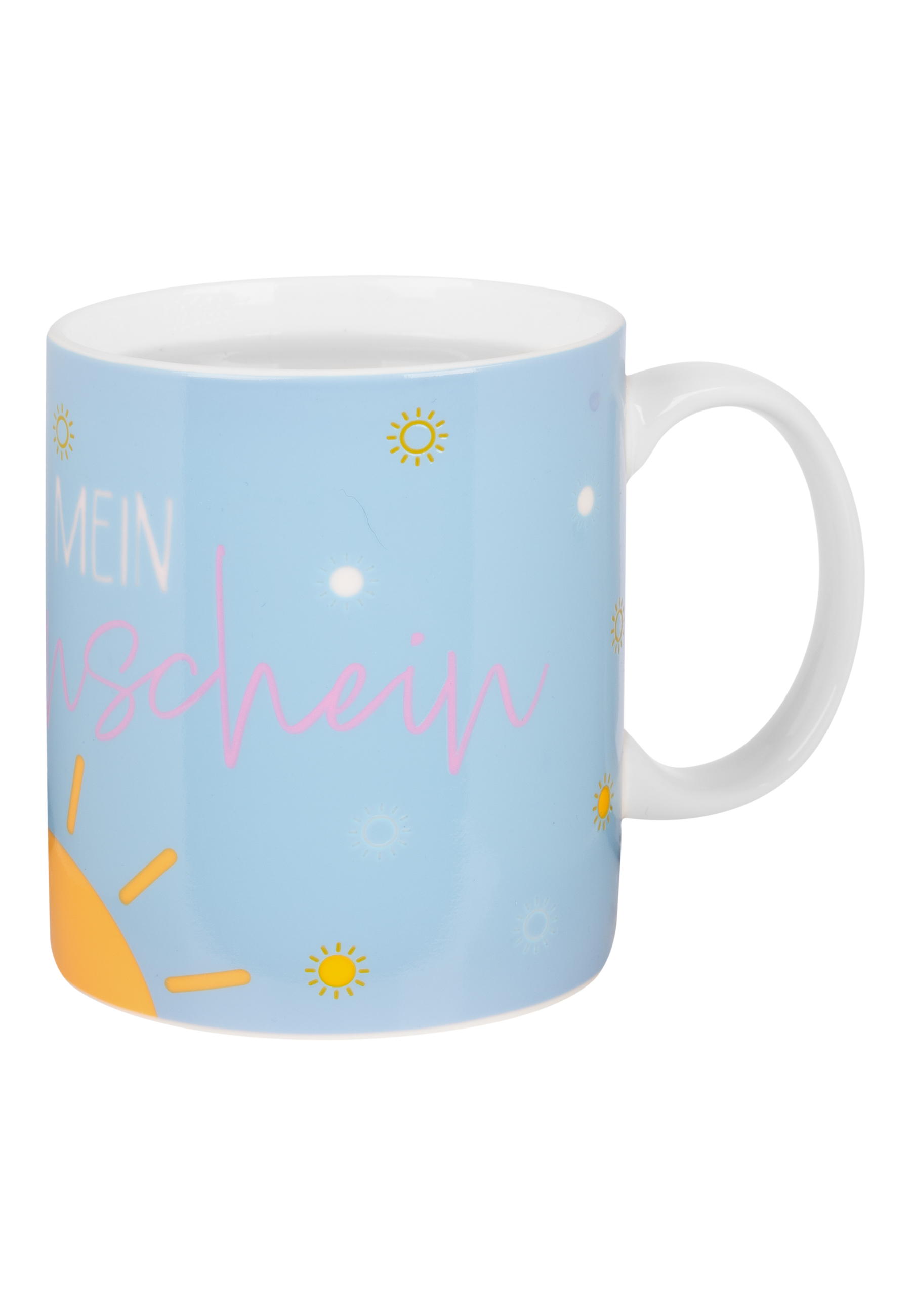Ein weißer Becher mit blauem Hintergrund, die Worte 'MEIN' und 'SCHEIN' in Rosa.