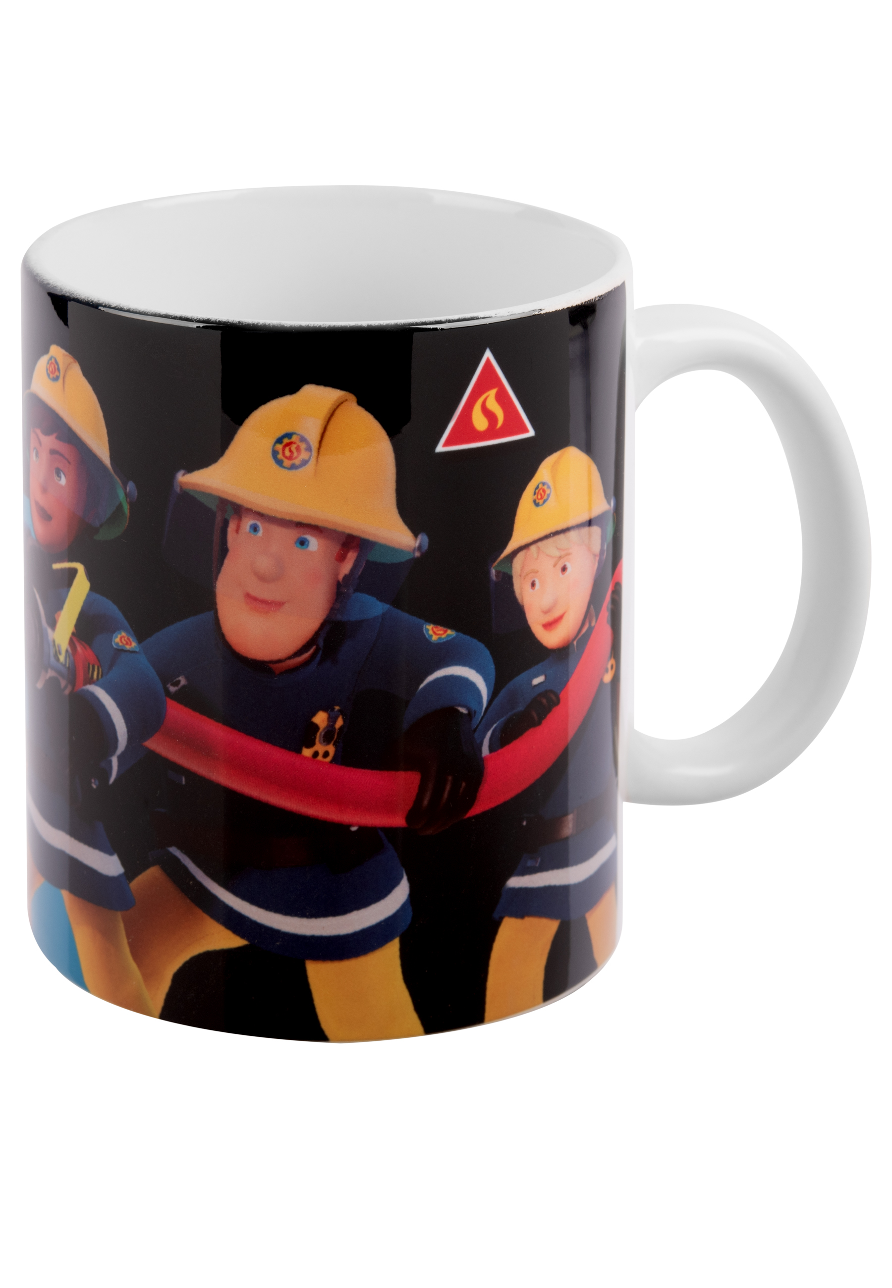 Eine Tasse mit Feuerwehrmann Sam-Figuren. Die Tasse ist schwarz mit Bildern von Feuerwehrleuten. Weißer Griff rechts.