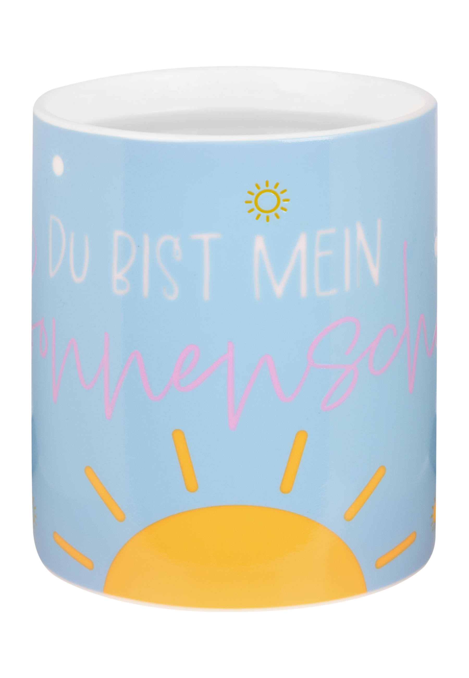 Eine Tasse mit hellblauem Hintergrund und den Worten „DU BIST MEIN MENSCH“ in Pink und Gelb.