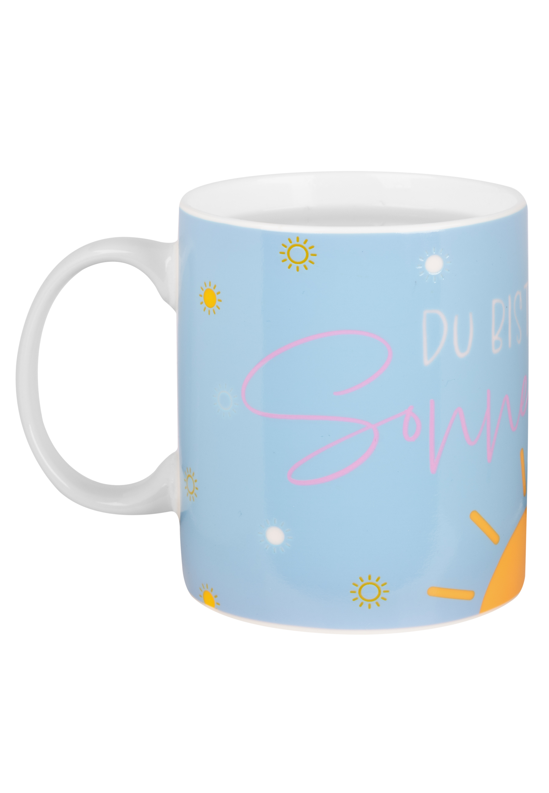 Blaue Tasse mit Text und Sonnenillustrationen, auf weißem Hintergrund.
