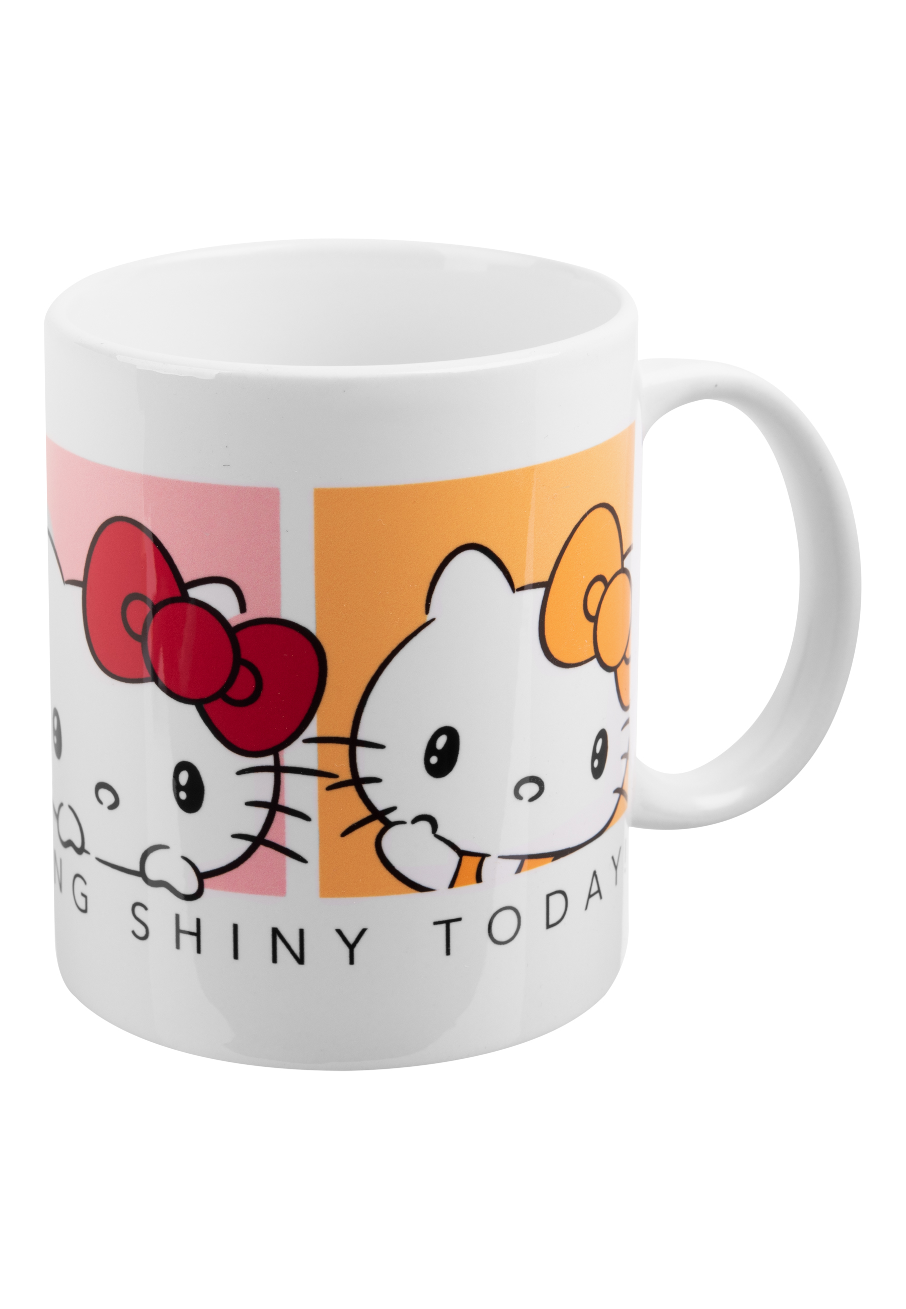 Weißer Becher mit Hello Kitty-Grafiken: zwei Katzen und Text 'Feeling shiny today'.