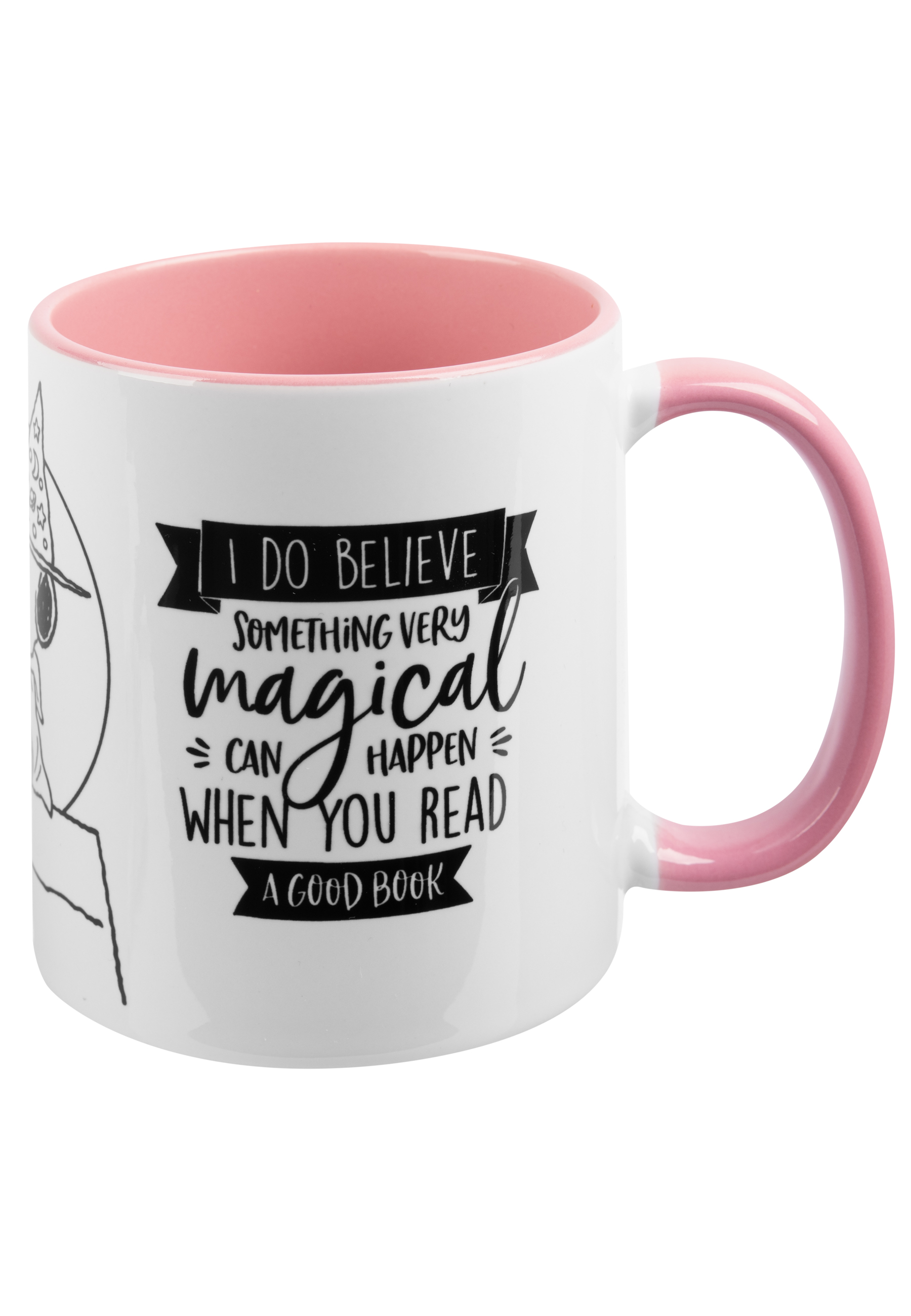 Eine weiße Tasse mit rosa Griff und Innenraum, mit Text und einer Cartoon-Hexe.