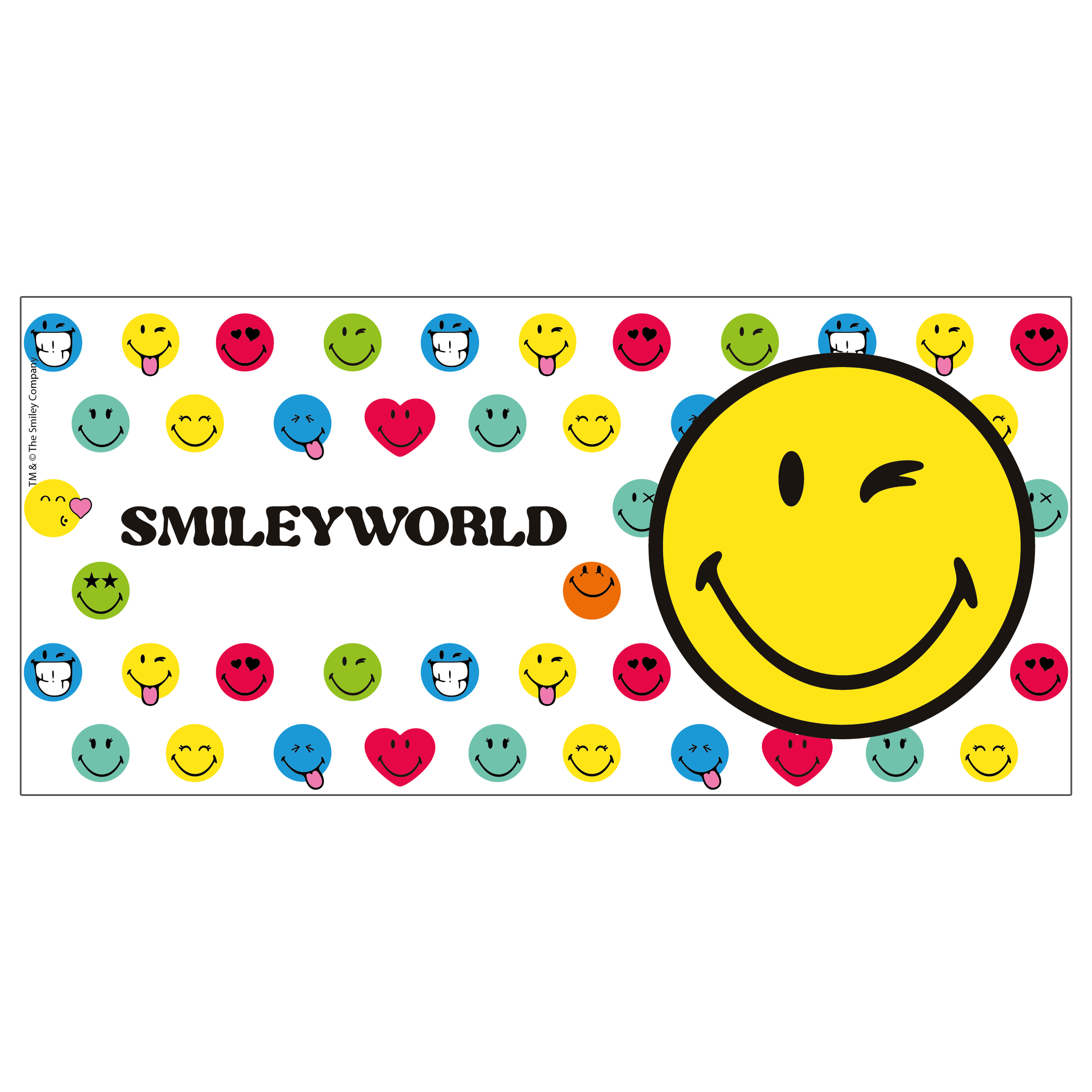 Ein Banner mit Smiley-Gesichtern, Herz-Emojis und dem Wort 'SMILEYWORLD'.
