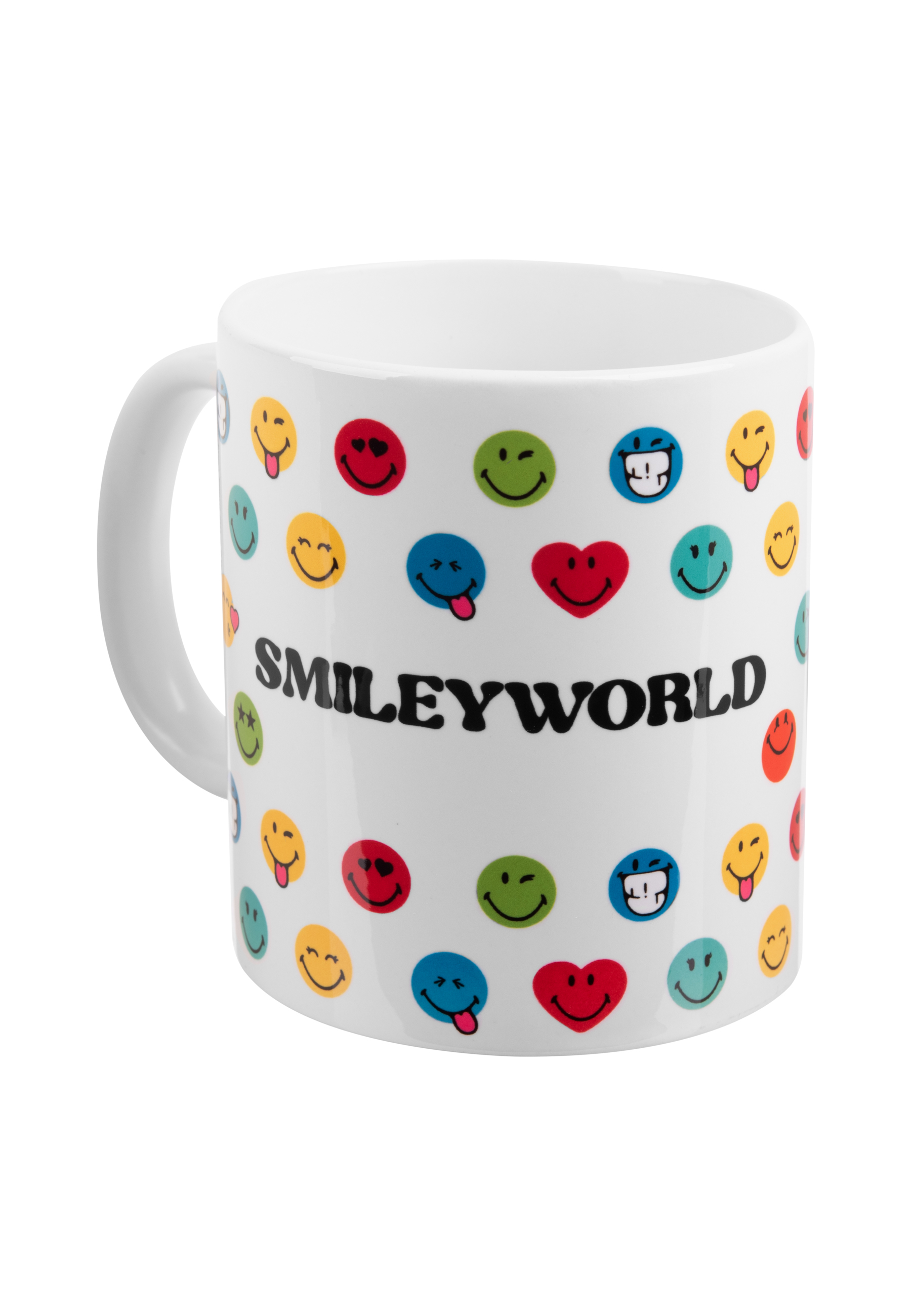 Weißer Becher mit bunten Smiley-Gesichtern und dem Text "SMILEYWORLD".