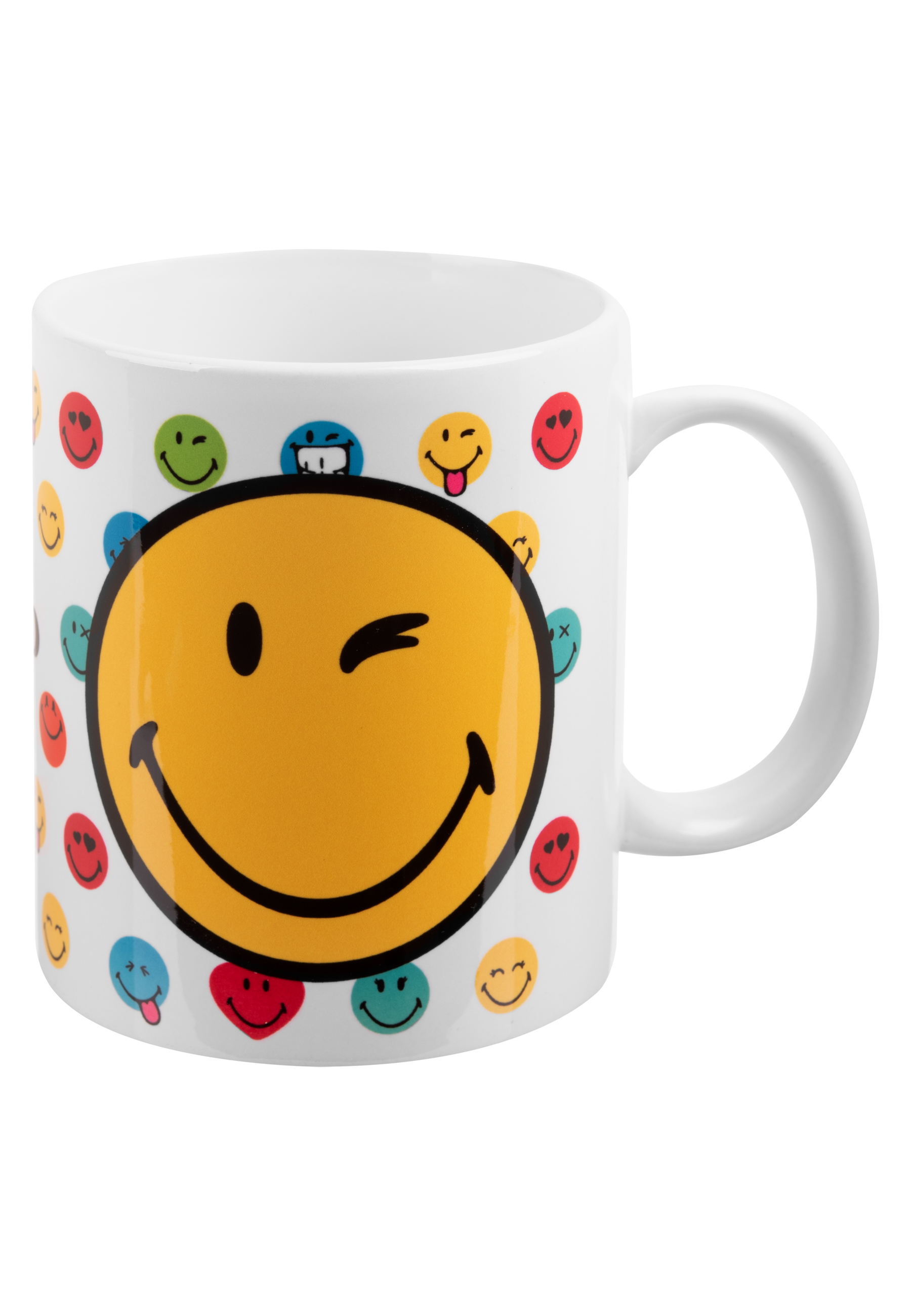 Weißer Becher mit Smiley-Gesichtern. Ein großer gelber Smiley zwinkert in der Mitte.