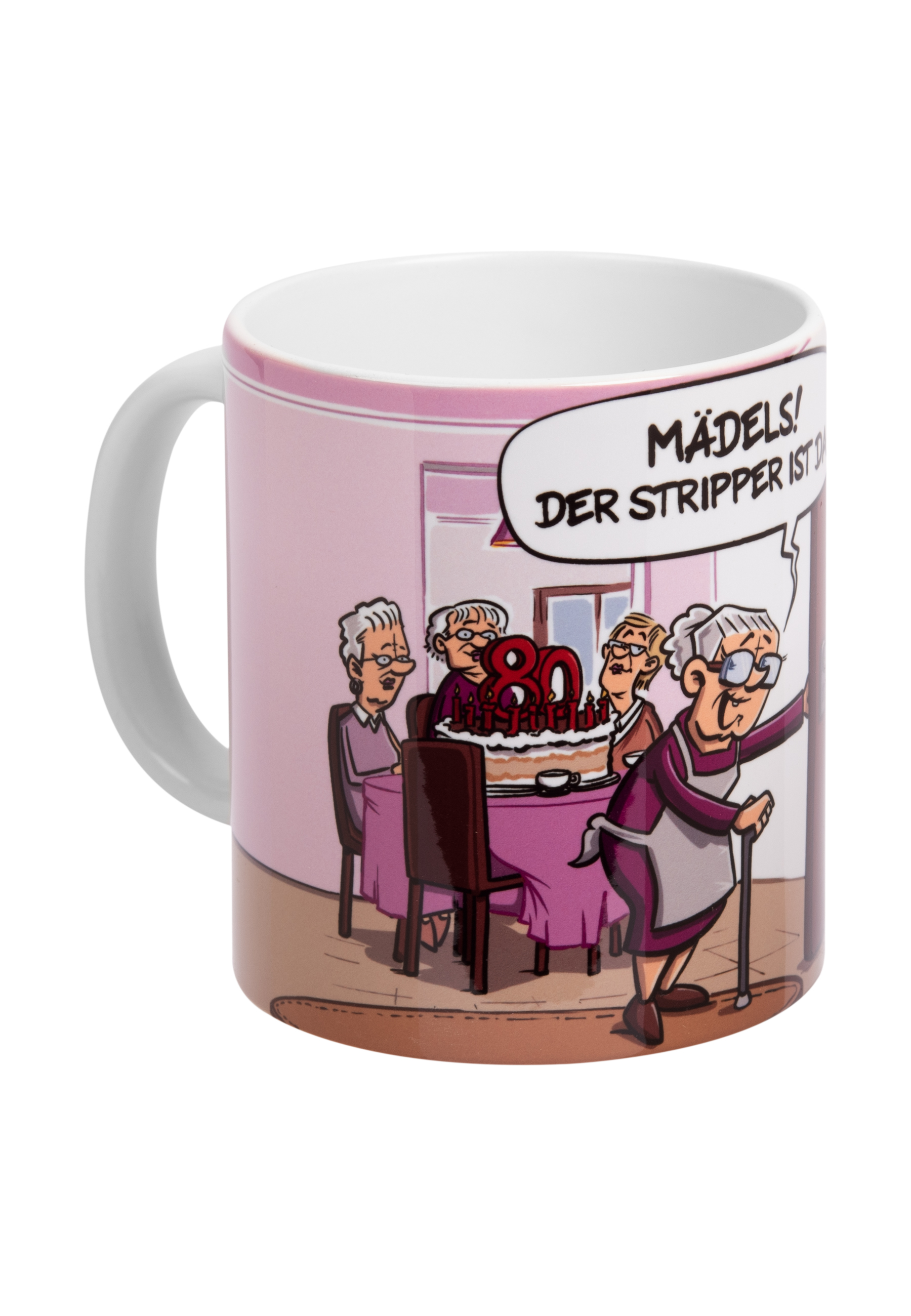 Becher mit Cartoon von Frauen auf einer Party. Text: 'Stripper ist da'.