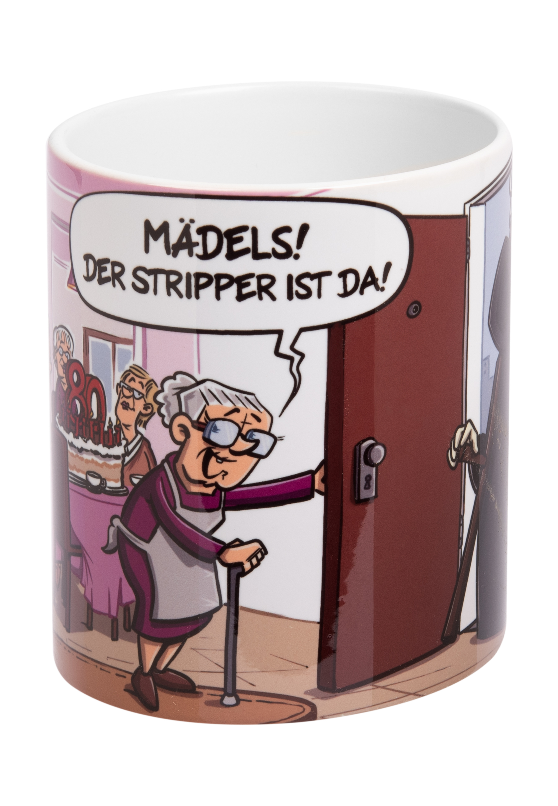 Tasse mit einer Cartoon-Szene einer älteren Frau, die eine Tür mit einem Stripper öffnet.