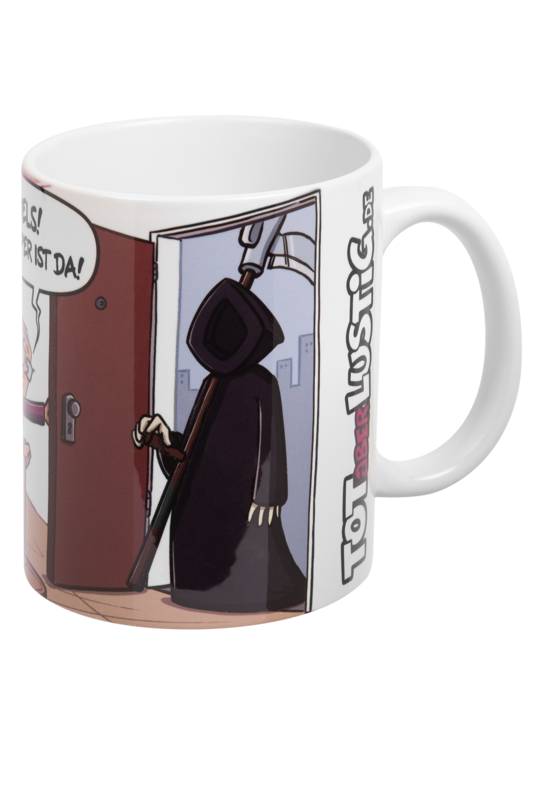 Tasse mit Cartoon vom Sensenmann an einer Tür. Sprechblase sagt: 'Hilfe, der Chef ist da!'. Text auf Deutsch.