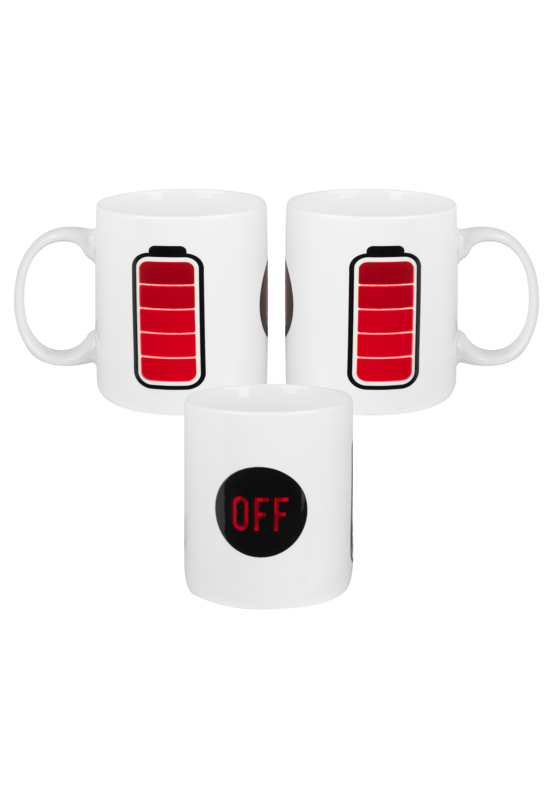 Tassen mit Akku-Symbol. Eine zeigt vollen Akku, andere leer. Eine Tasse sagt AUS.