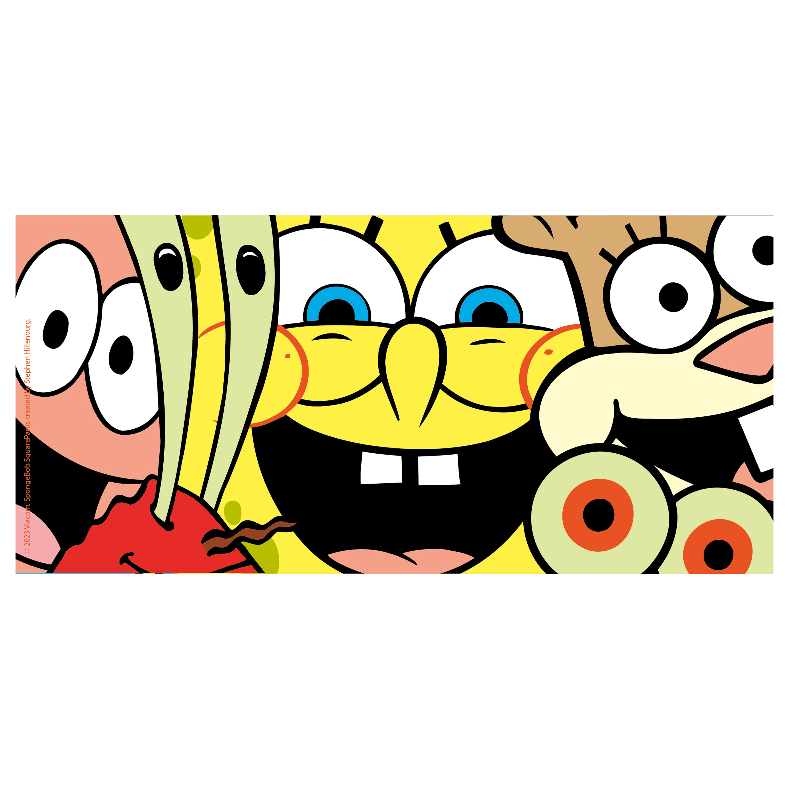 Ein Cartoon-Banner mit den Gesichtern von SpongeBob Schwammkopf und seinen Freunden. Die Gesichter sind farbenfroh und ausdrucksstark.