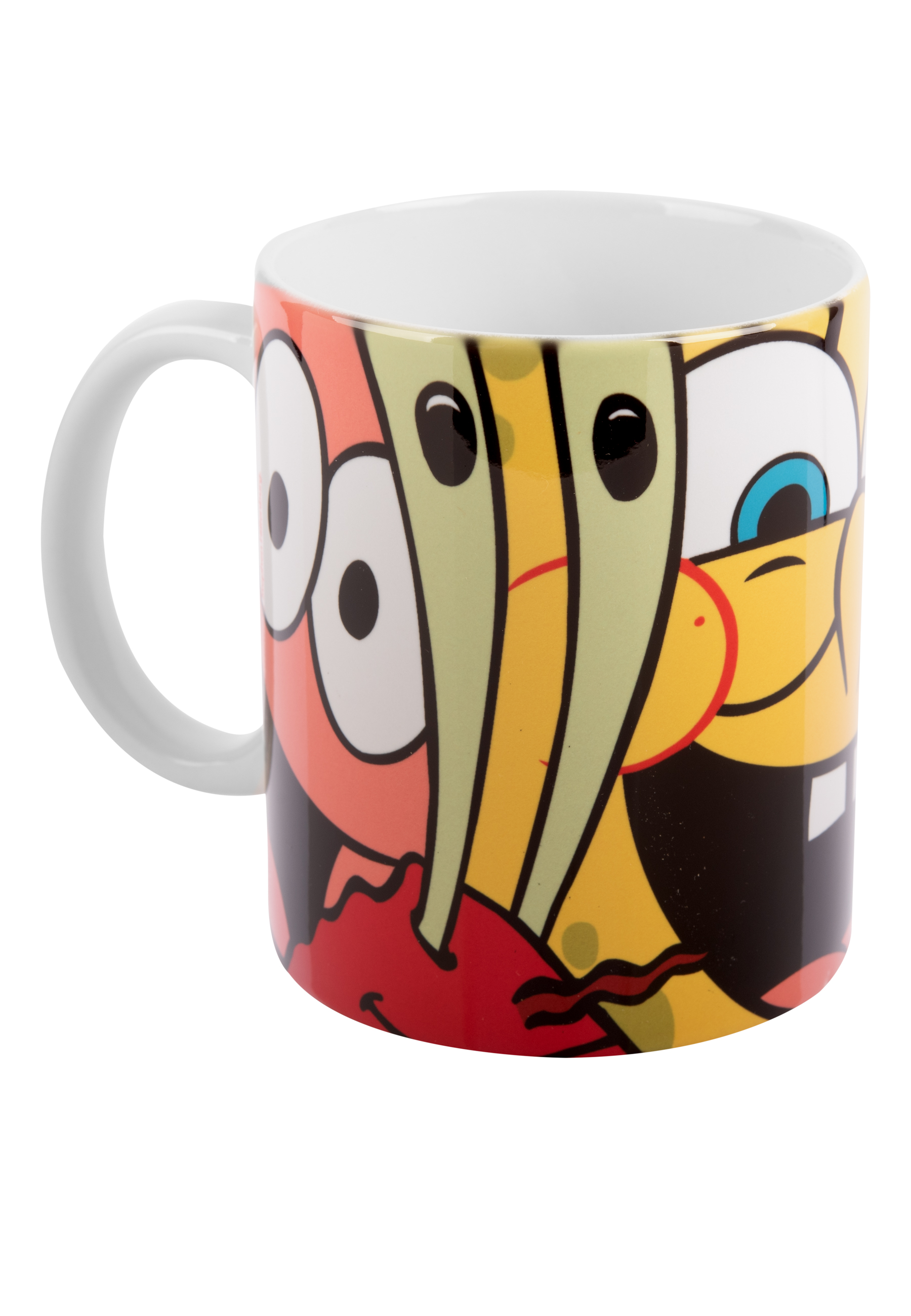 Becher mit SpongeBob und Patrick darauf. Der Becher ist weiß und hat einen Henkel.