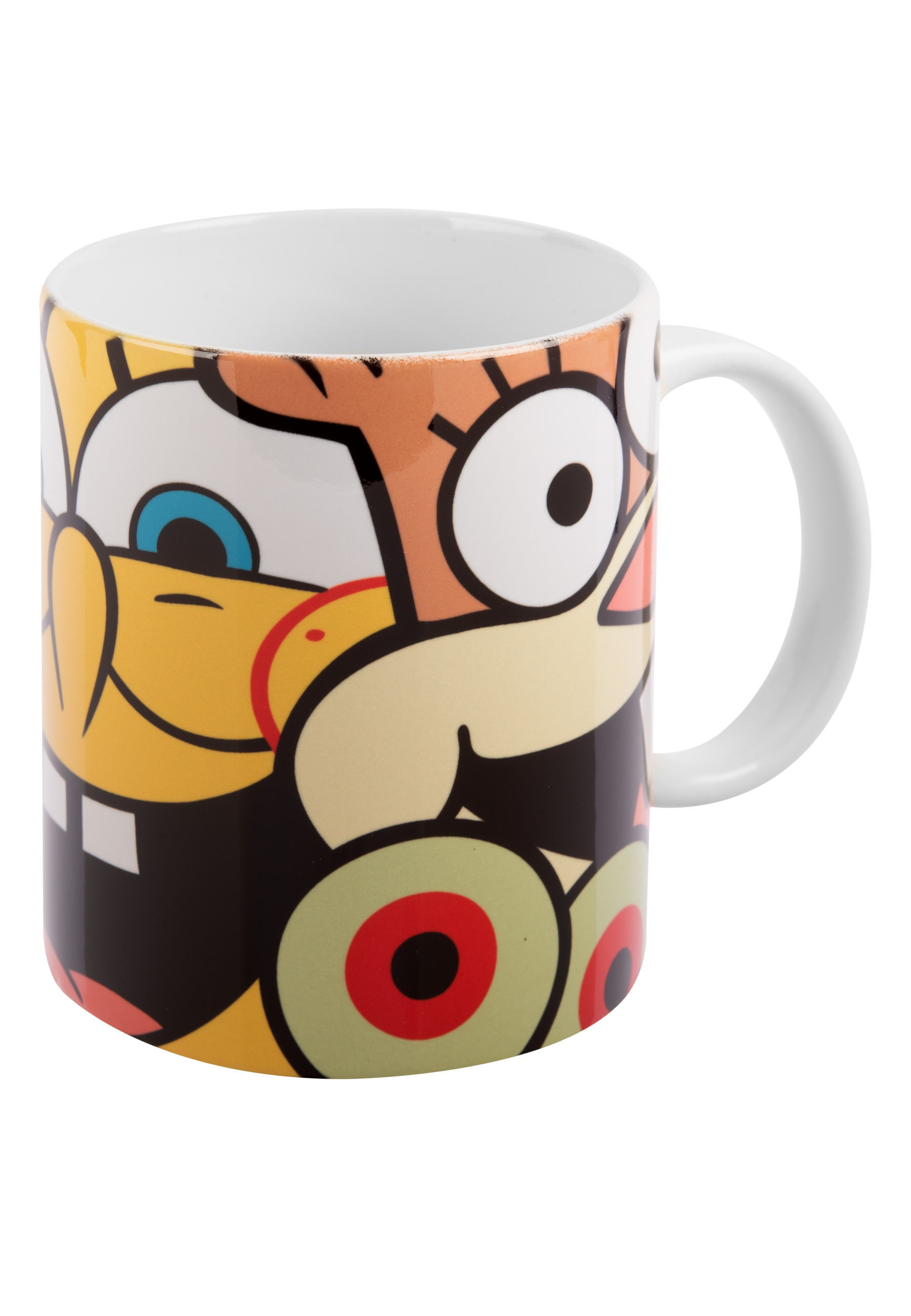 Eine bunte Tasse mit Zeichentrickfiguren, darunter SpongeBob Schwammkopf.
