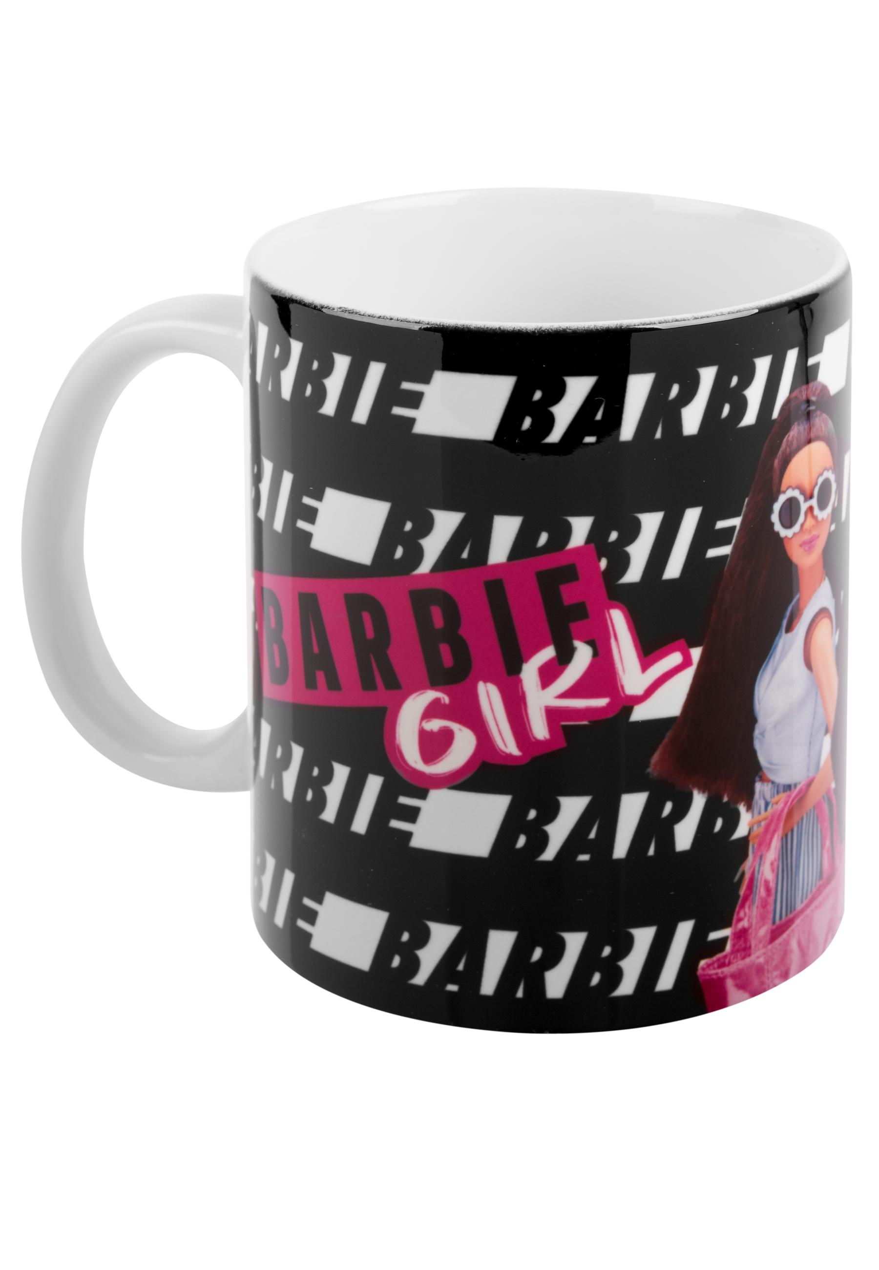 Eine Tasse mit dem Text "BARBIE GIRL" und einem Bild von Barbie.