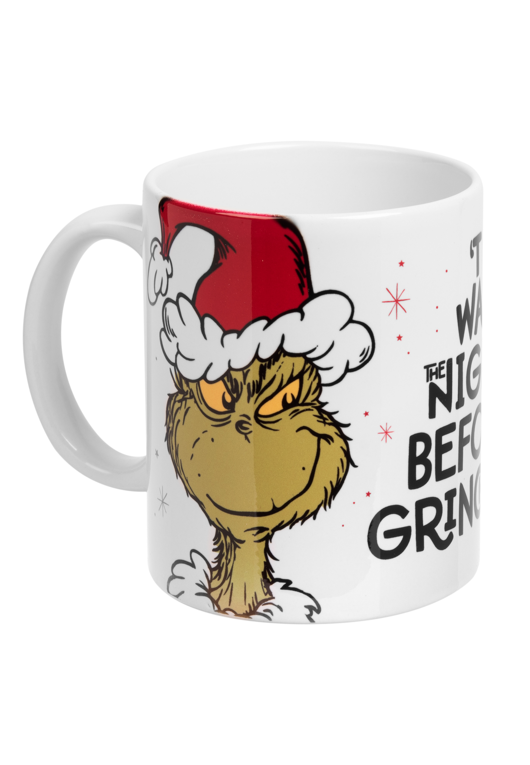 Grinch-Tasse mit Weihnachtsmütze, lächelndem Gesicht und Text: 'The night before Grinchmas'.