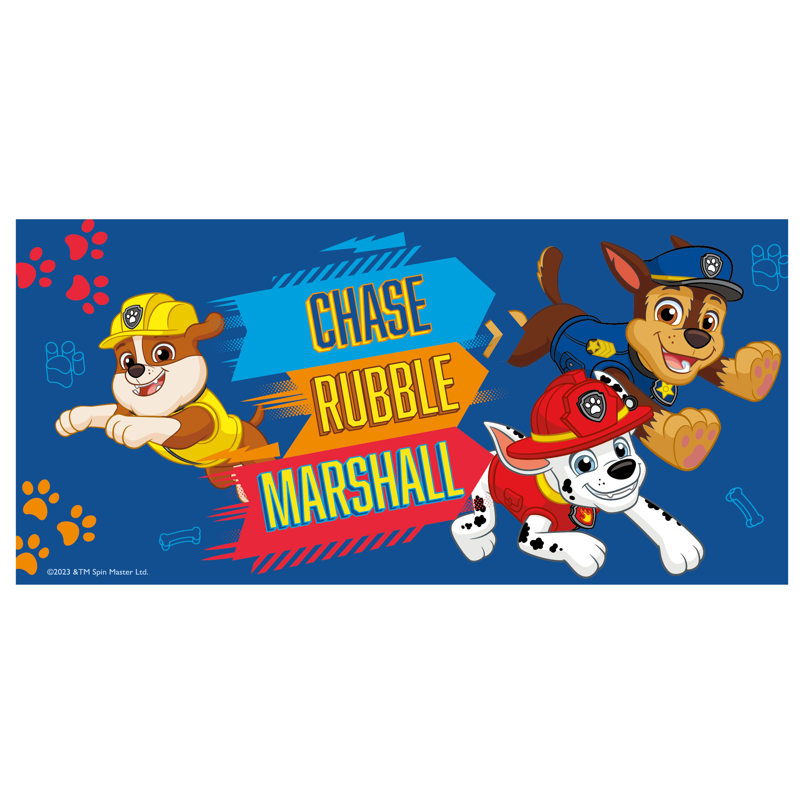 Paw Patrol Charaktere Chase, Rubble und Marshall auf blauem Hintergrund.