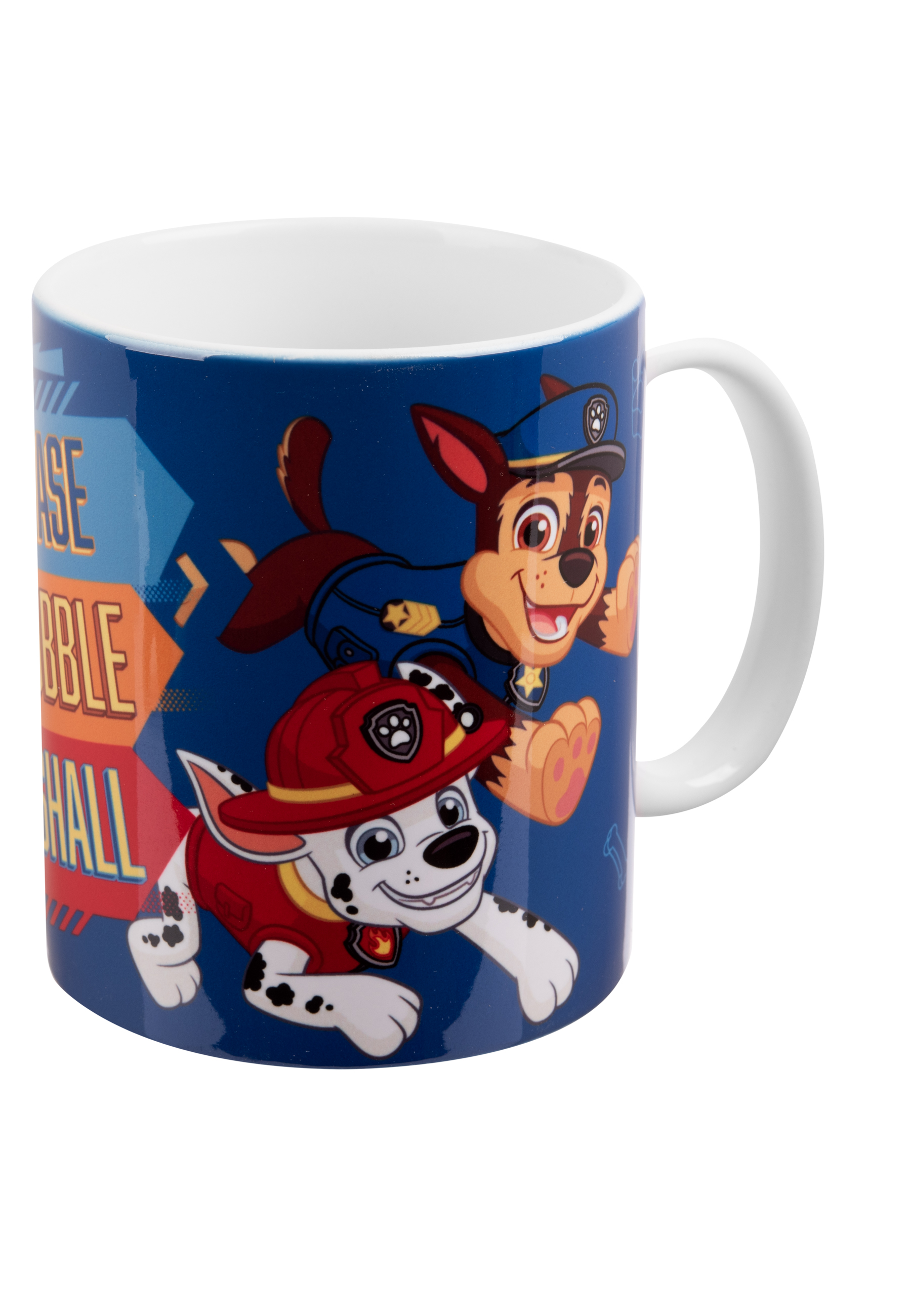 Becher mit Paw Patrol-Charakteren. Blauer Hintergrund.